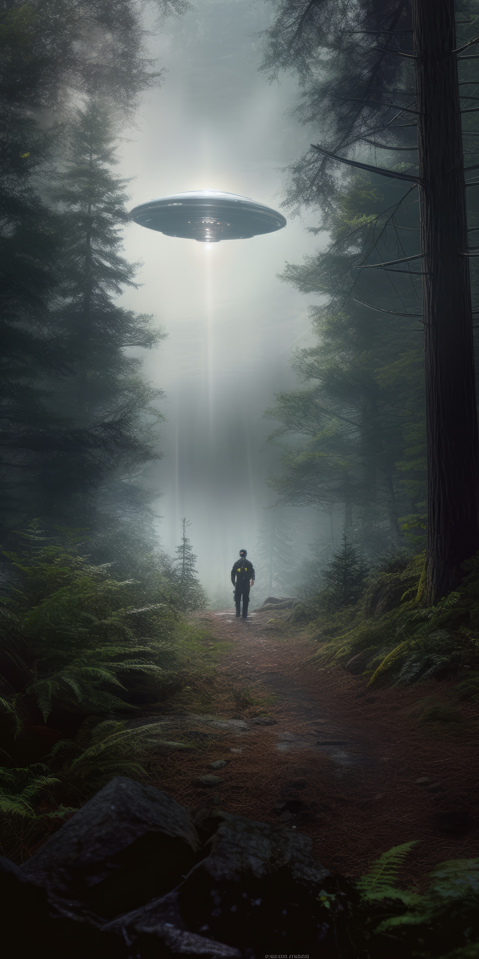 General 1536x3072 AI art portrait display illustration UFO forest men The X-Files spaceship trees