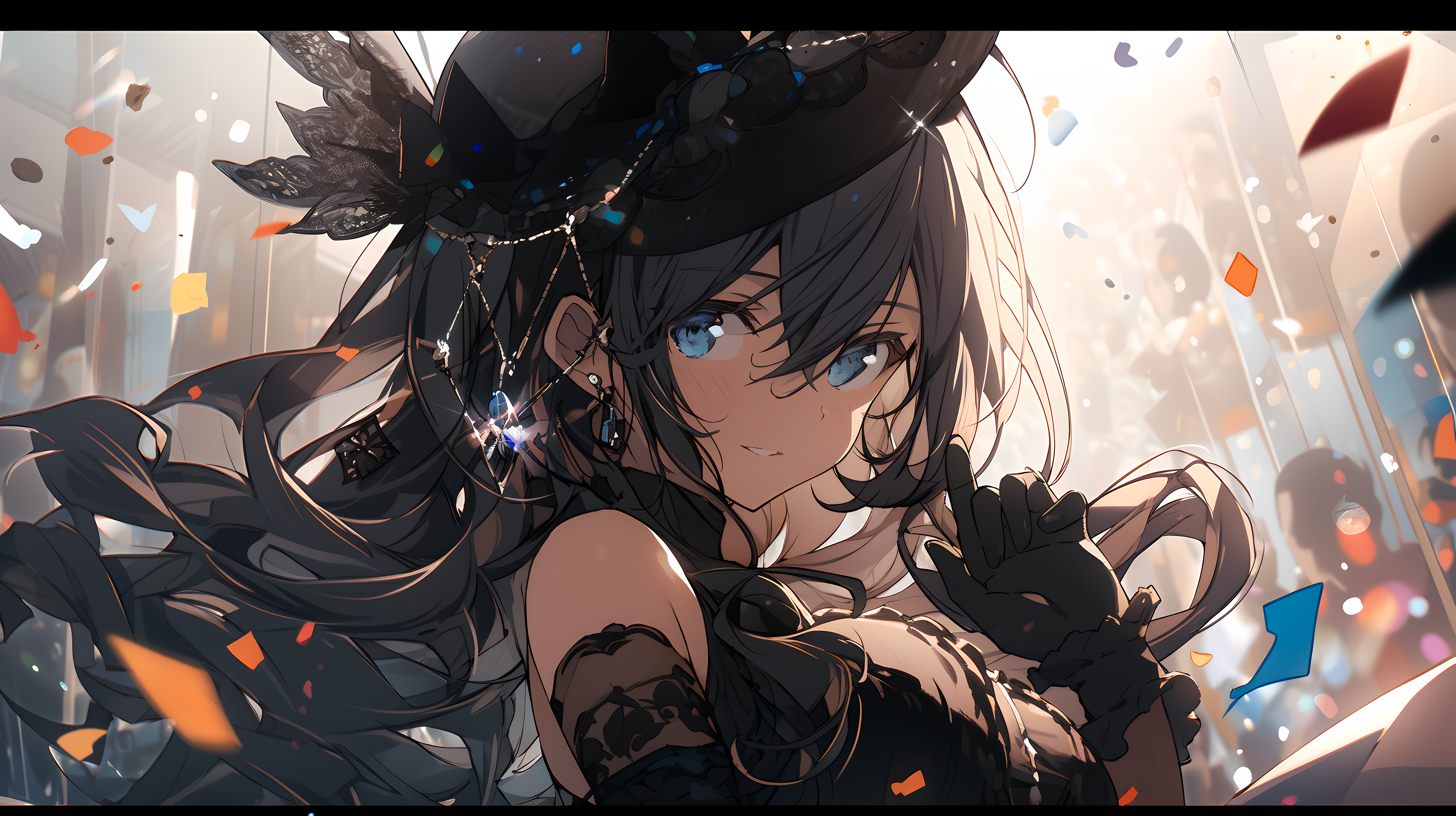 Anime 4803x2692 ceremony AI art anime girls gloves hat confetti looking at viewer earring long hair