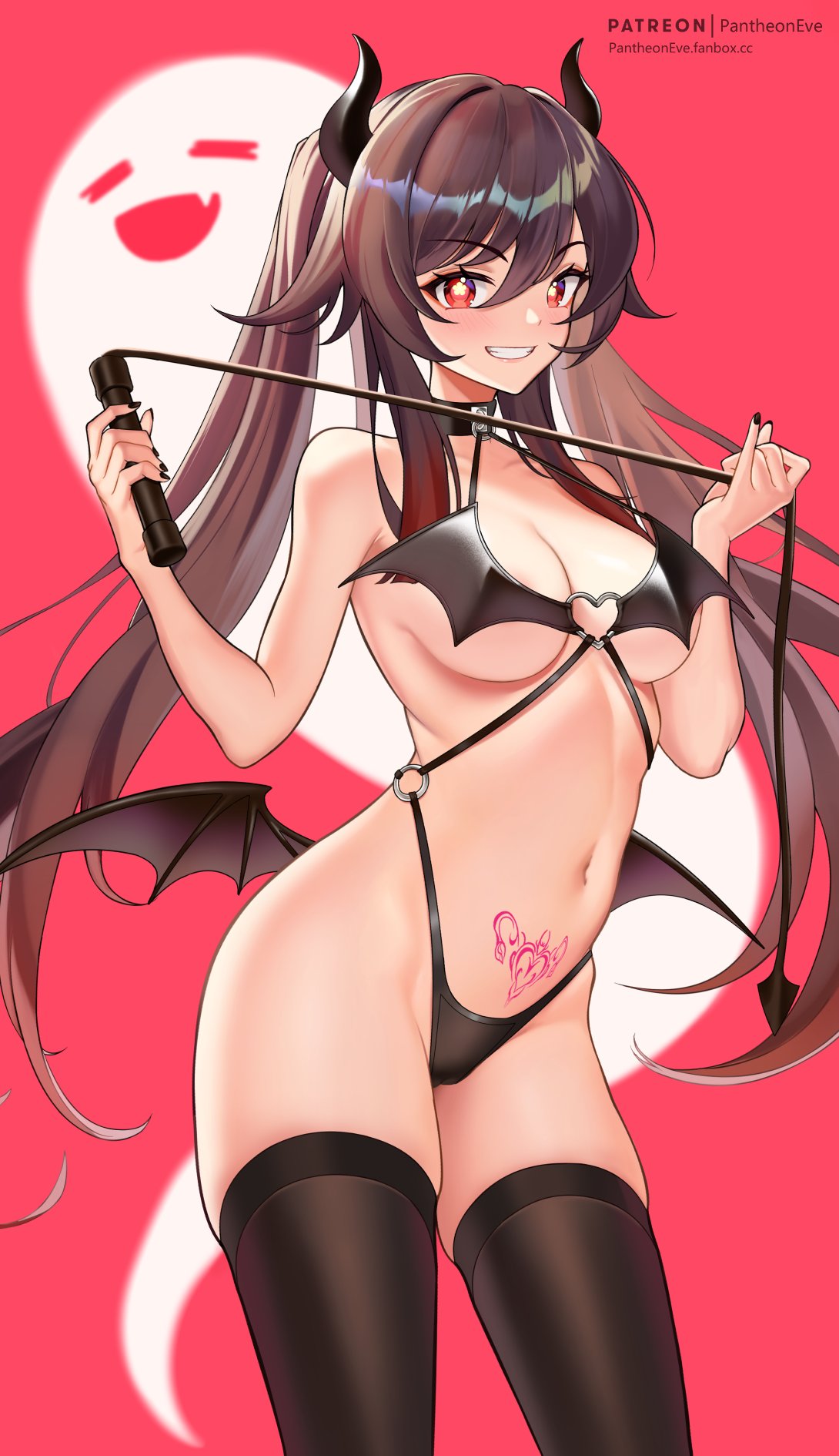 Anime 1090x1890 pantheon eve (artist) Hu Tao (Genshin Impact) Genshin Impact anime girls stockings womb tattoo twintails long hair ghost portrait display looking at viewer smiling wings horns whips simple background succubus