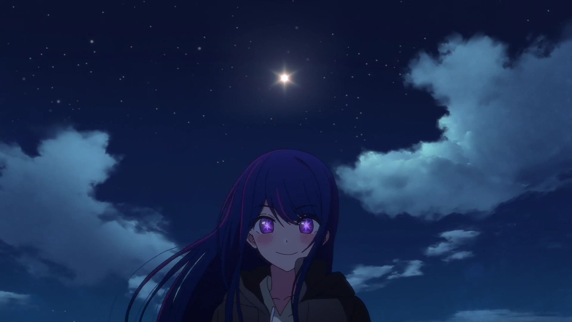 Anime 1920x1080 Oshi no Ko star eyes anime girls Hoshino Ai smiling blushing anime screenshot clouds sky night stars looking at viewer long hair starry night