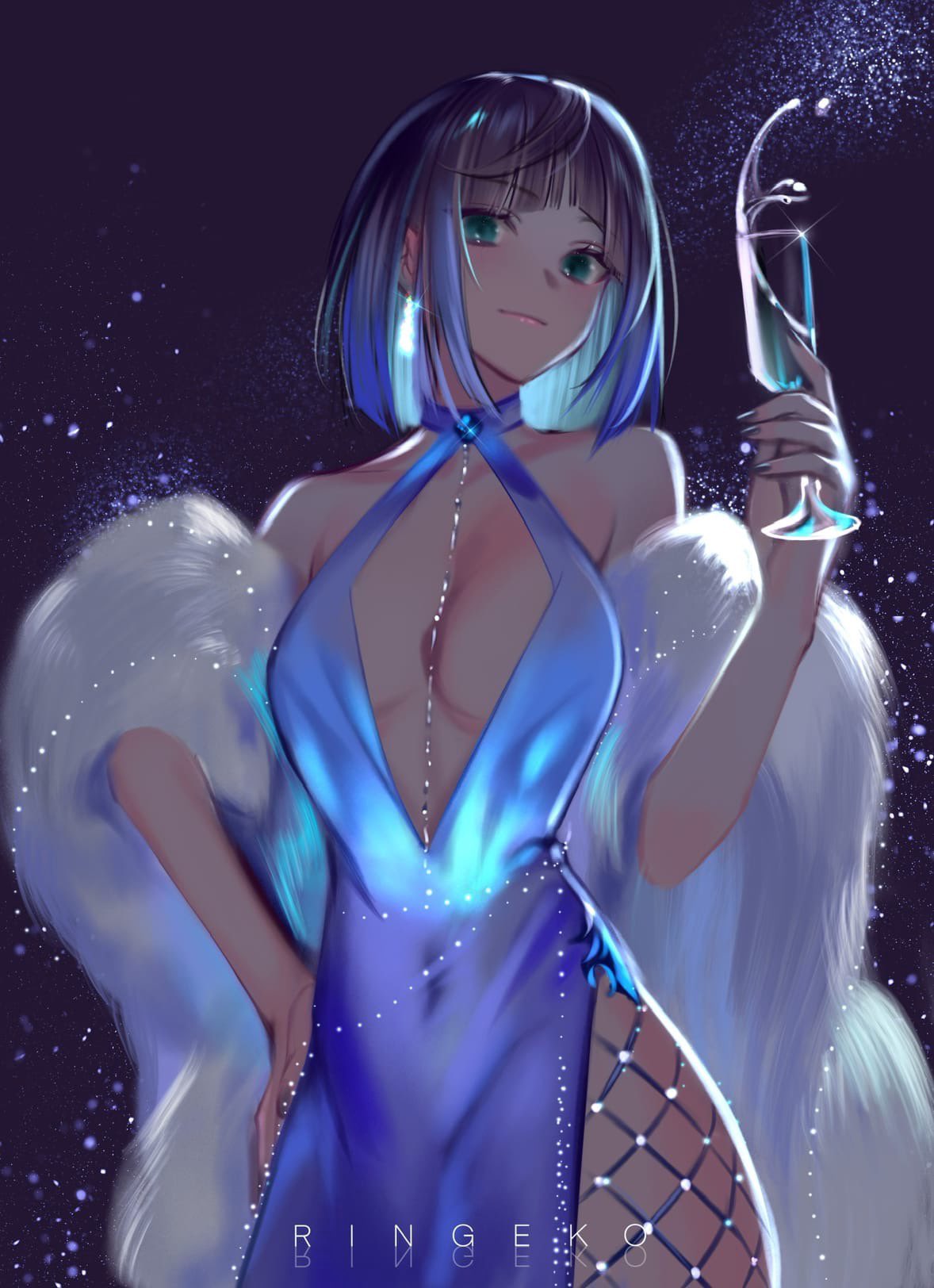 Anime 1178x1624 Ringeko-Chan anime girls portrait display head tilt Genshin Impact blue dress Yelan (Genshin Impact) no bra looking at viewer simple background dress starry night stars night drink cocktail dress champagne shiny clothing cleavage item between boobs fur necklace between boobs short hair blue hair wine glass water drops green eyes smiling bare shoulders jewelry hands on hips boobs