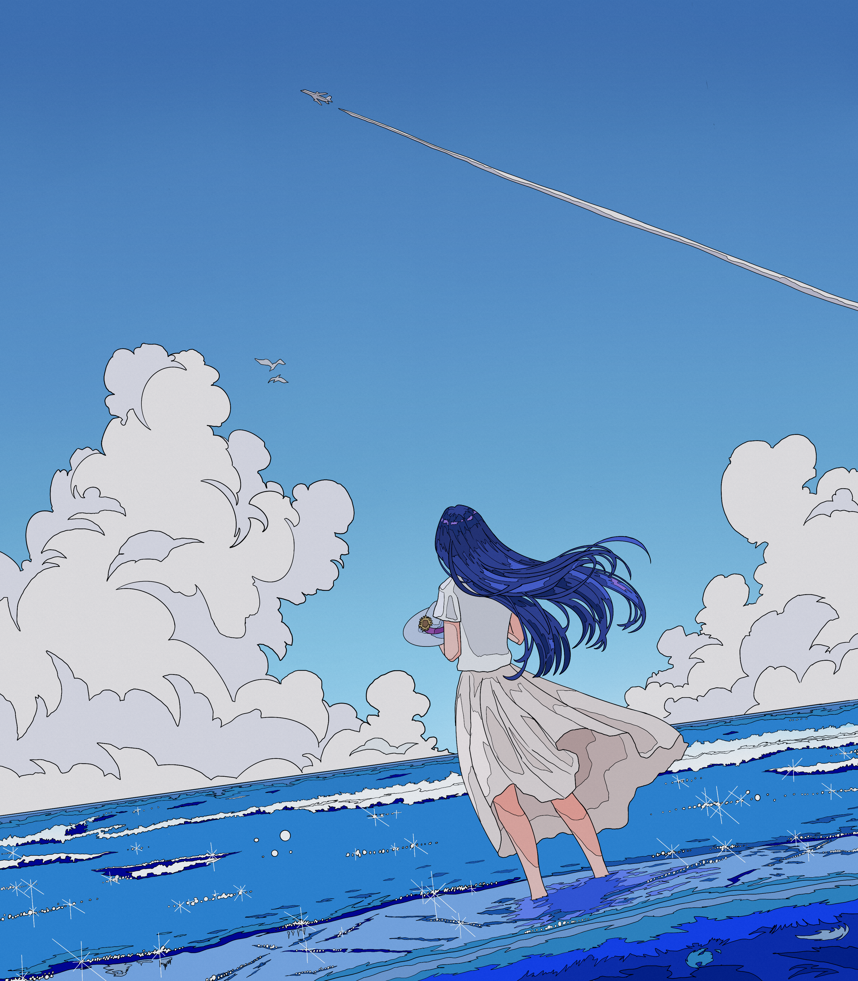 Anime 3500x4000 Umijin anime digital art artwork illustration environment landscape sea clouds dress anime girls women long hair blue hair airplane contrails blue portrait display sky water aircraft hair blowing in the wind