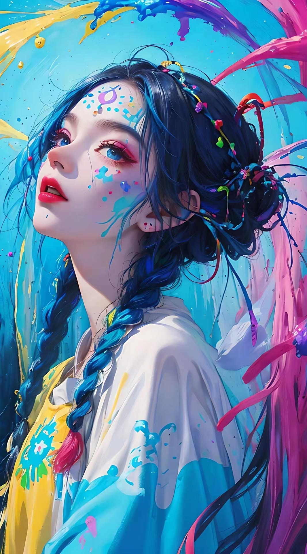 Asian, women, braids, looking at viewer, AI art, face paint, colorful ...
