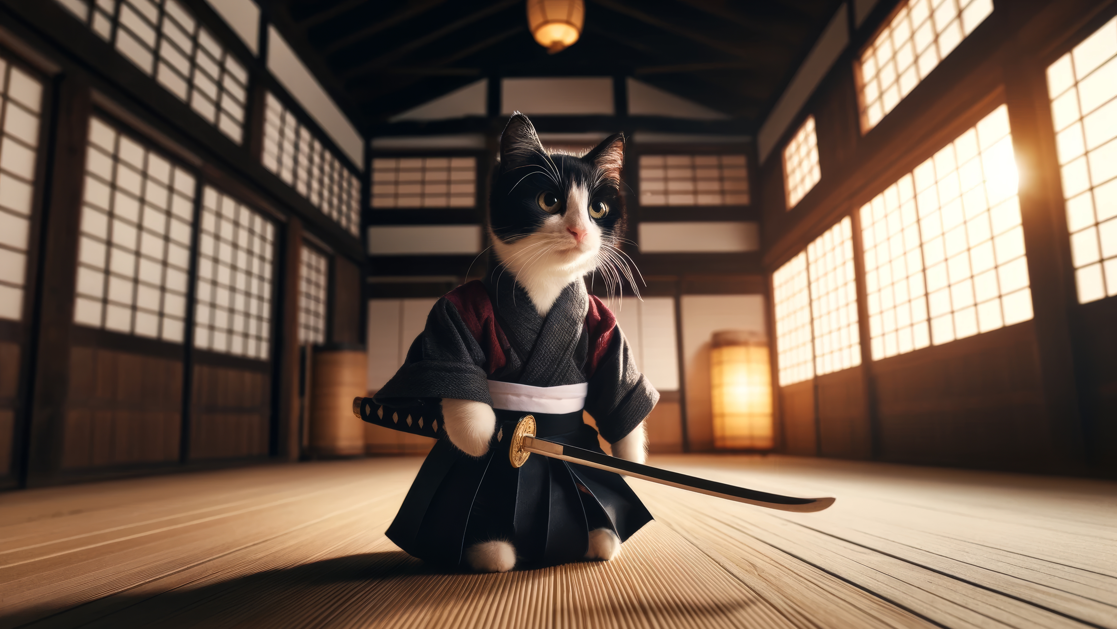 General 4588x2583 AI art cats sword dojo samurai katana