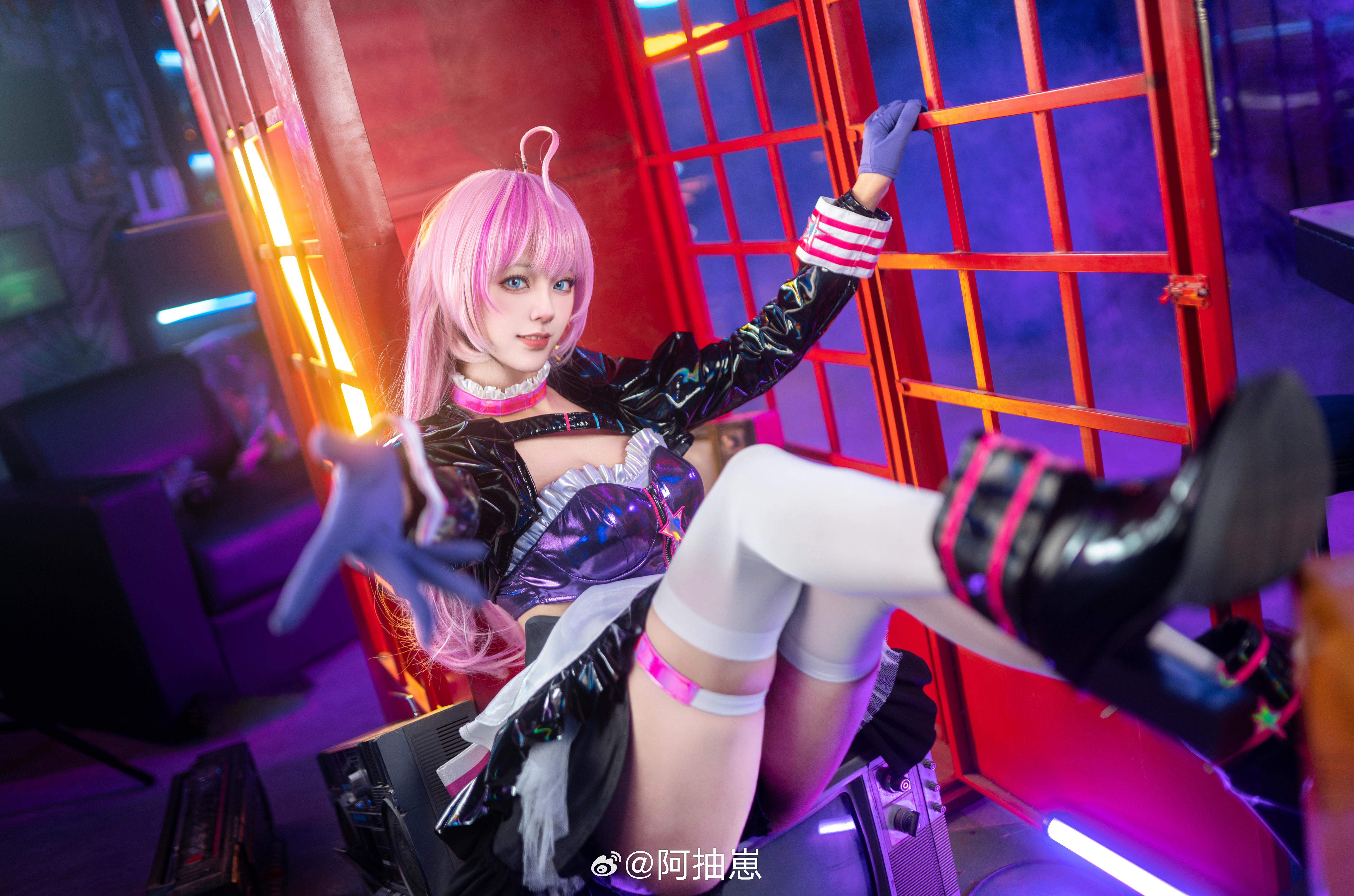 People 5712x3781 Asian women cosplay Ah Zaizai looking at viewer sitting white thigh highs boots thigh-highs long hair Weibo parted lips phone box thigh strap wigs thighs ahoge pink hair blue eyes gloves skindentation