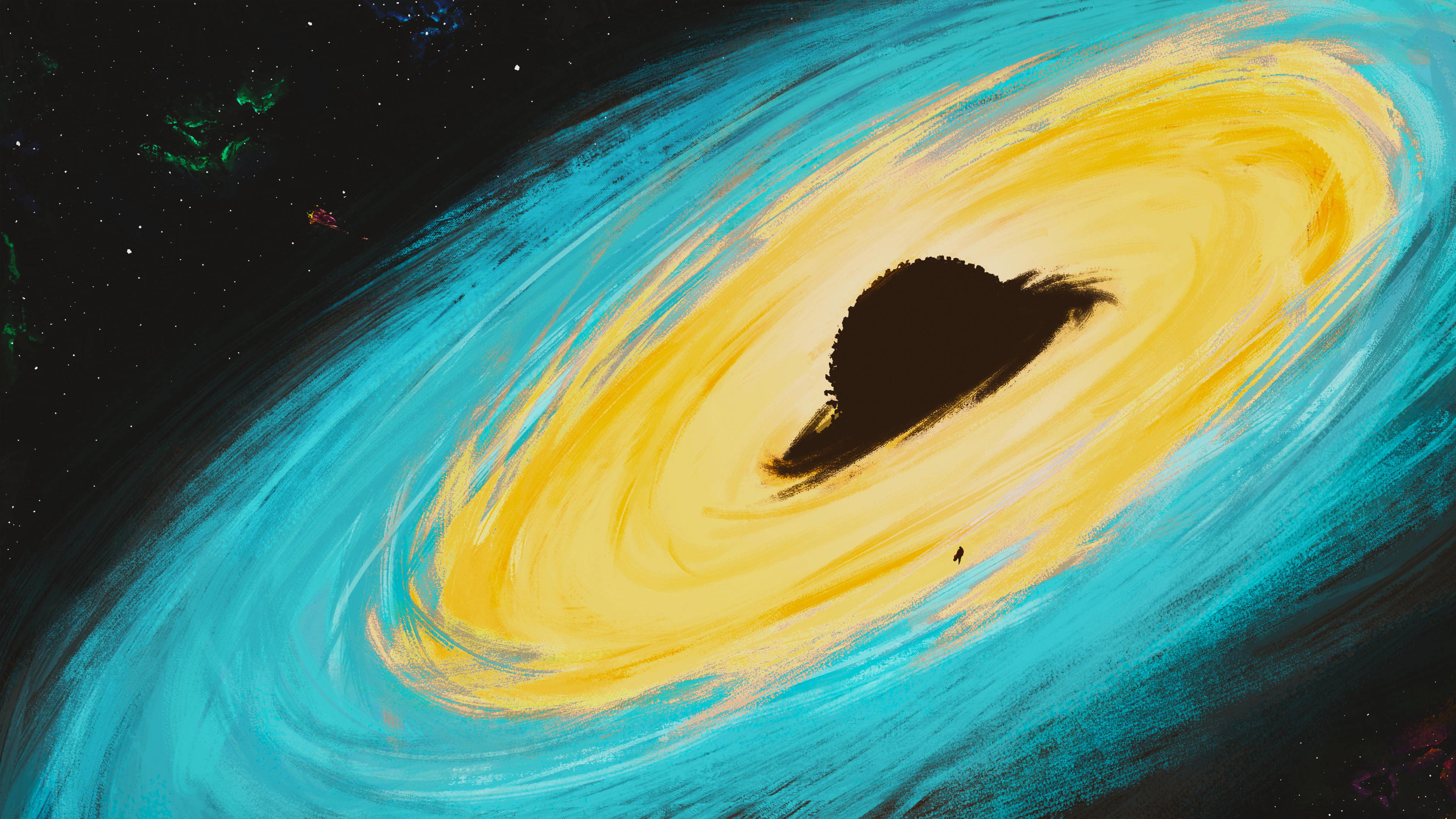General 3840x2160 artwork Ameur Makhloufi painting black holes astronaut space yellow cyan science fiction event horizon space art omni-man