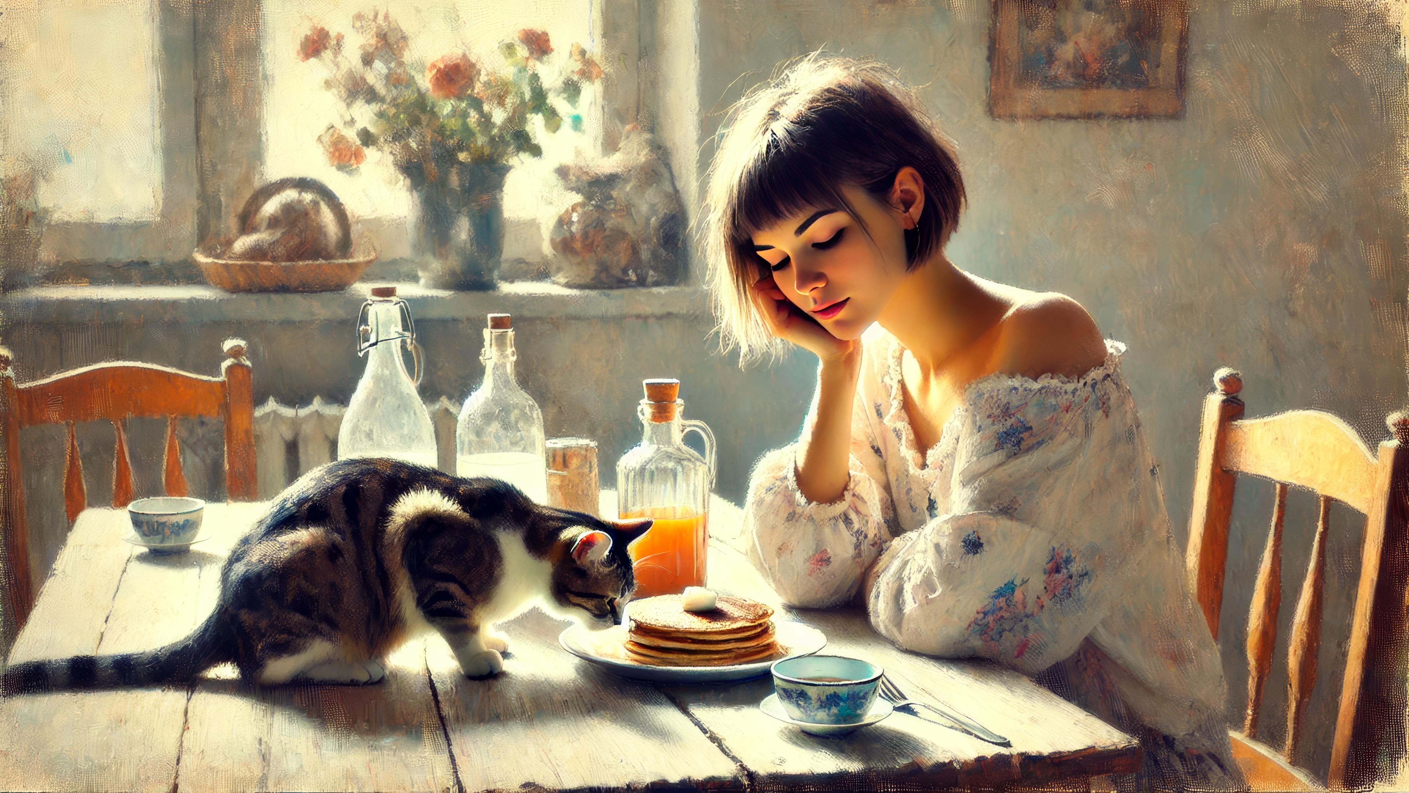 General 4588x2583 impressionism breakfast cats women morning AI art