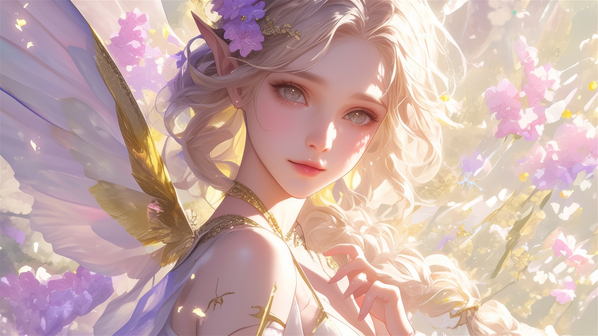 Anime 1920x1080 AI art fairies blonde flower in hair white eyes wings fairy wings pink white purple