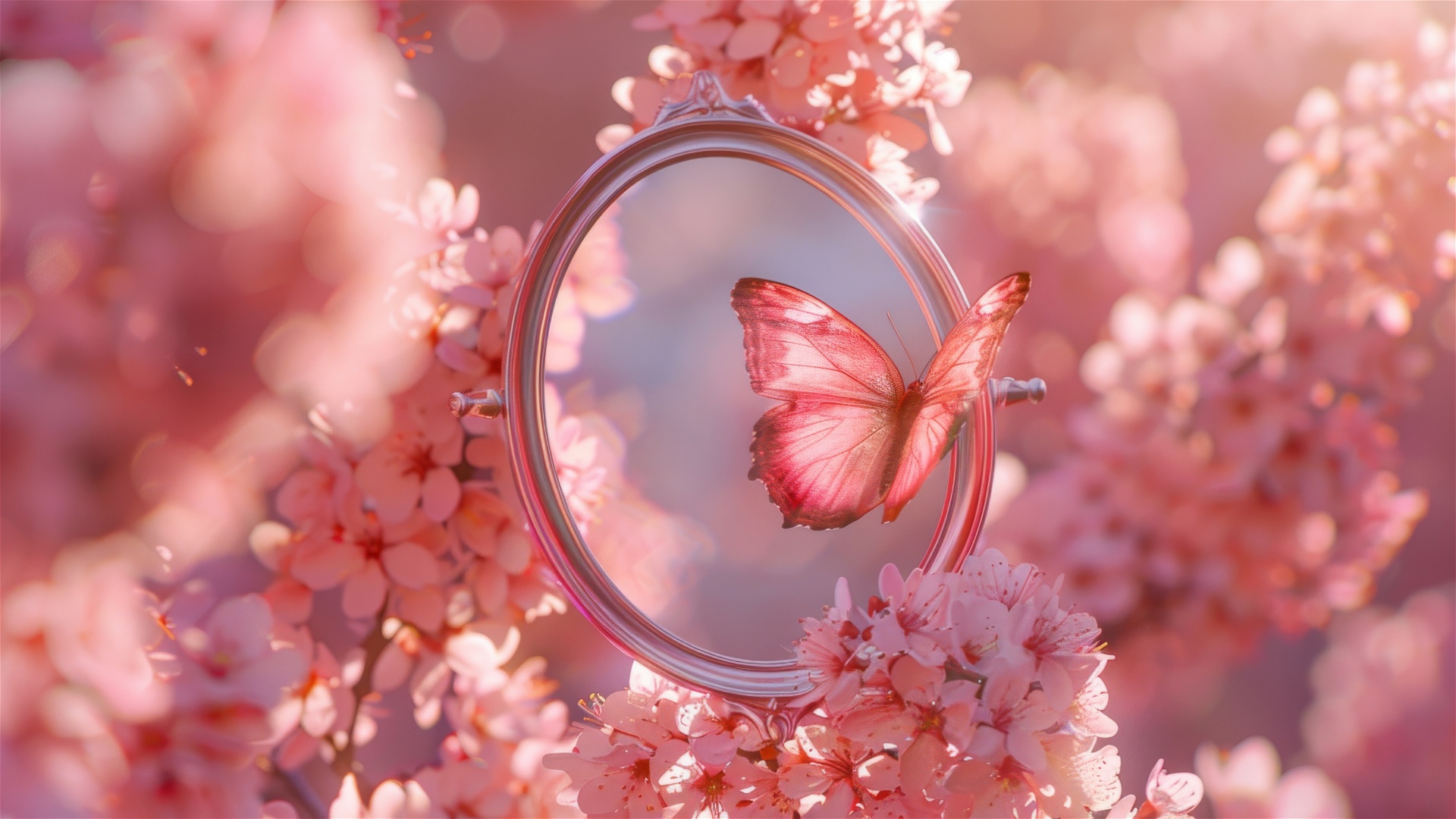 General 1920x1080 mirror pink cherry blossom butterfly white AI art