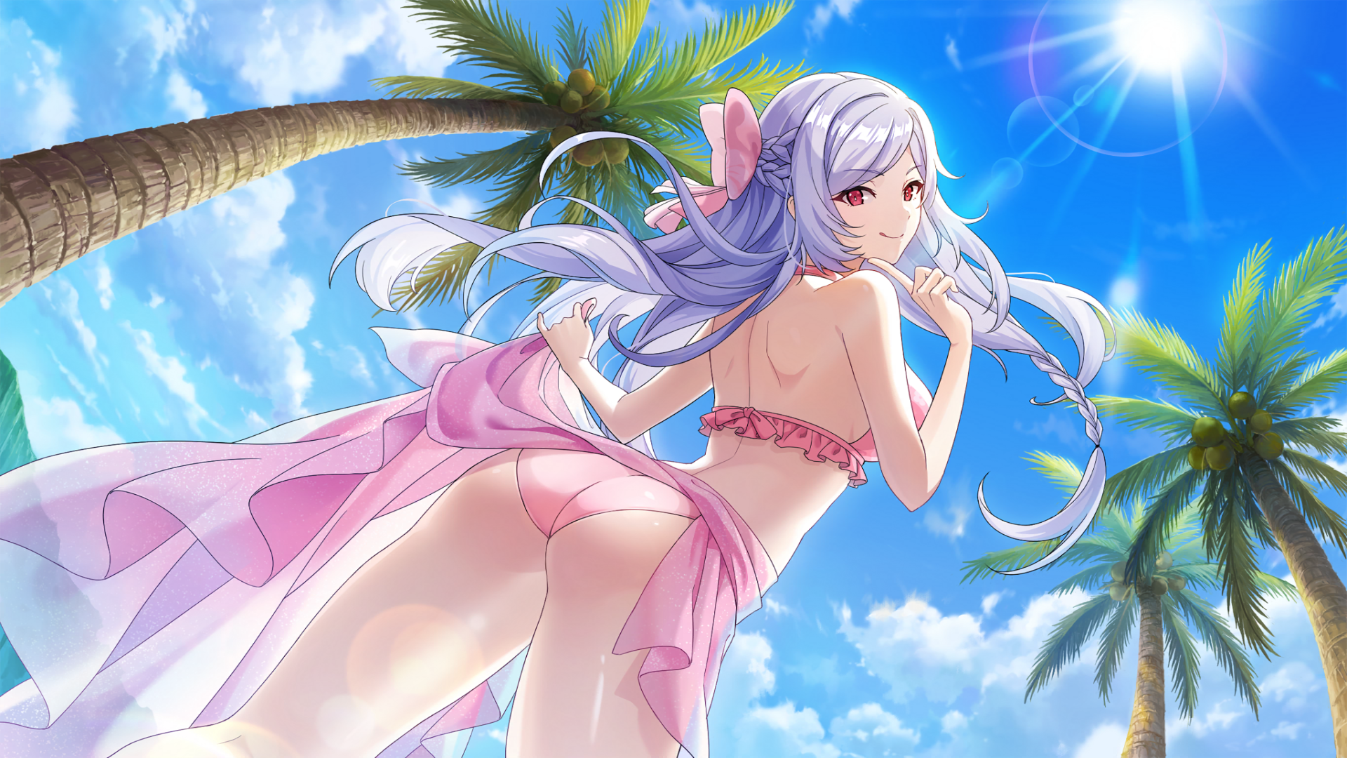 Anime 1920x1080 The Eminence in Shadow Alexia Midgar palm trees looking back pink bikini sarong lifting clothes pink swimsuit smiling looking at viewer bikini hair ornament cumulus sunlight looking below worm's eye view clouds sky ass red eyes big boobs tongue out low-angle