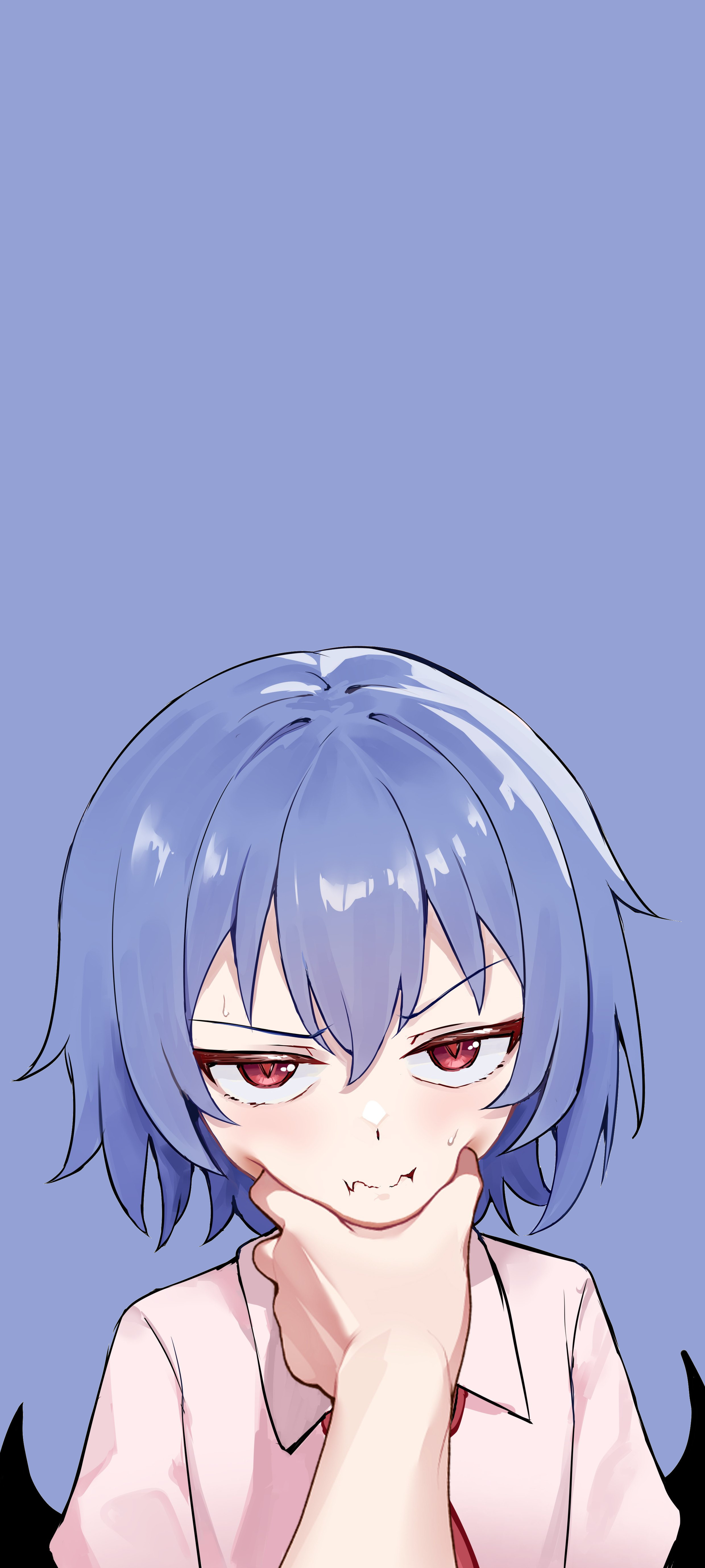 Anime 2480x5511 Remilia Scarlet Touhou bat wings blue hair hand on face pouting red eyes vampire girl wings simple background blue background