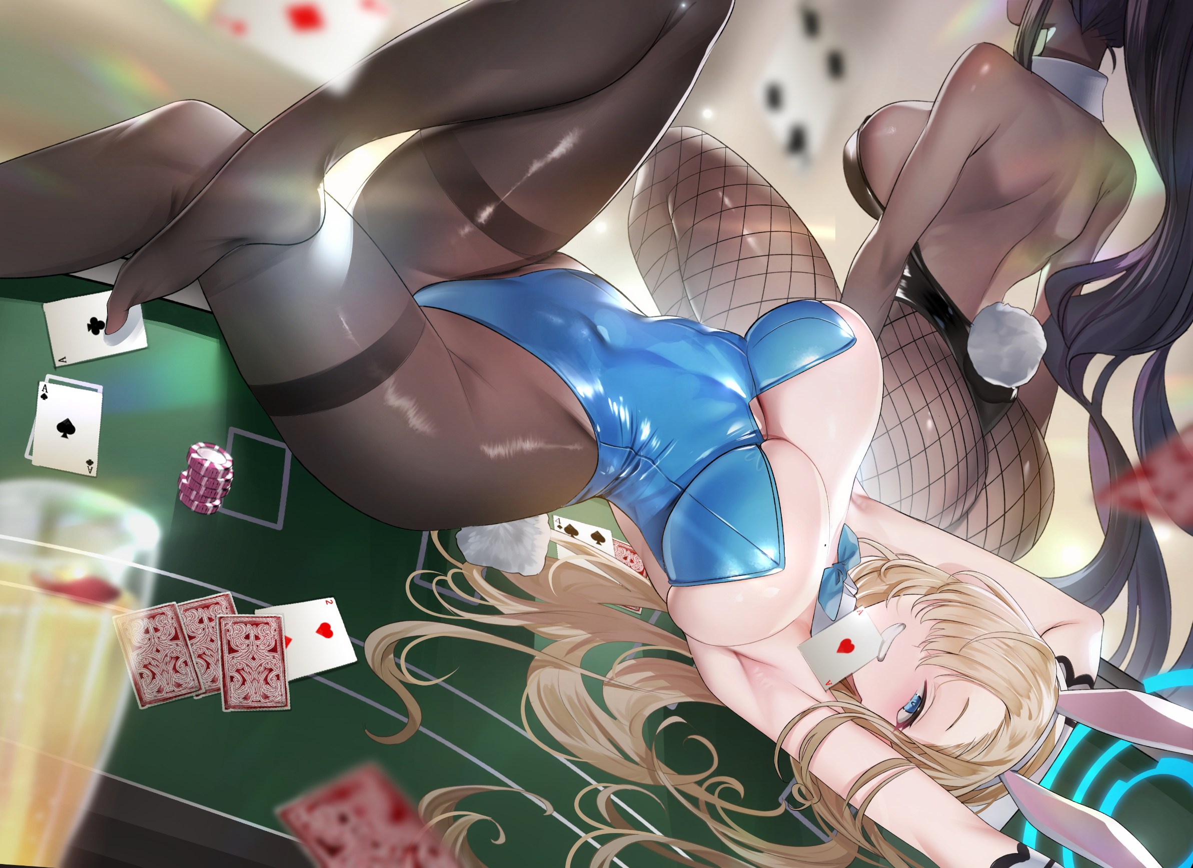 Anime 2385x1736 Blue Archive two women Asuna Ichinose Khanshin Kakudate Karin blushing huge breasts mouth hold looking at viewer leotard fishnet pantyhose smiling black pantyhose fishnet mole on breast cleavage pantyhose bunny suit bunny girl poker chips playing cards sideboob strapless leotard cards women indoors back bare shoulders moles bunny tail white gloves ass thighs armpits