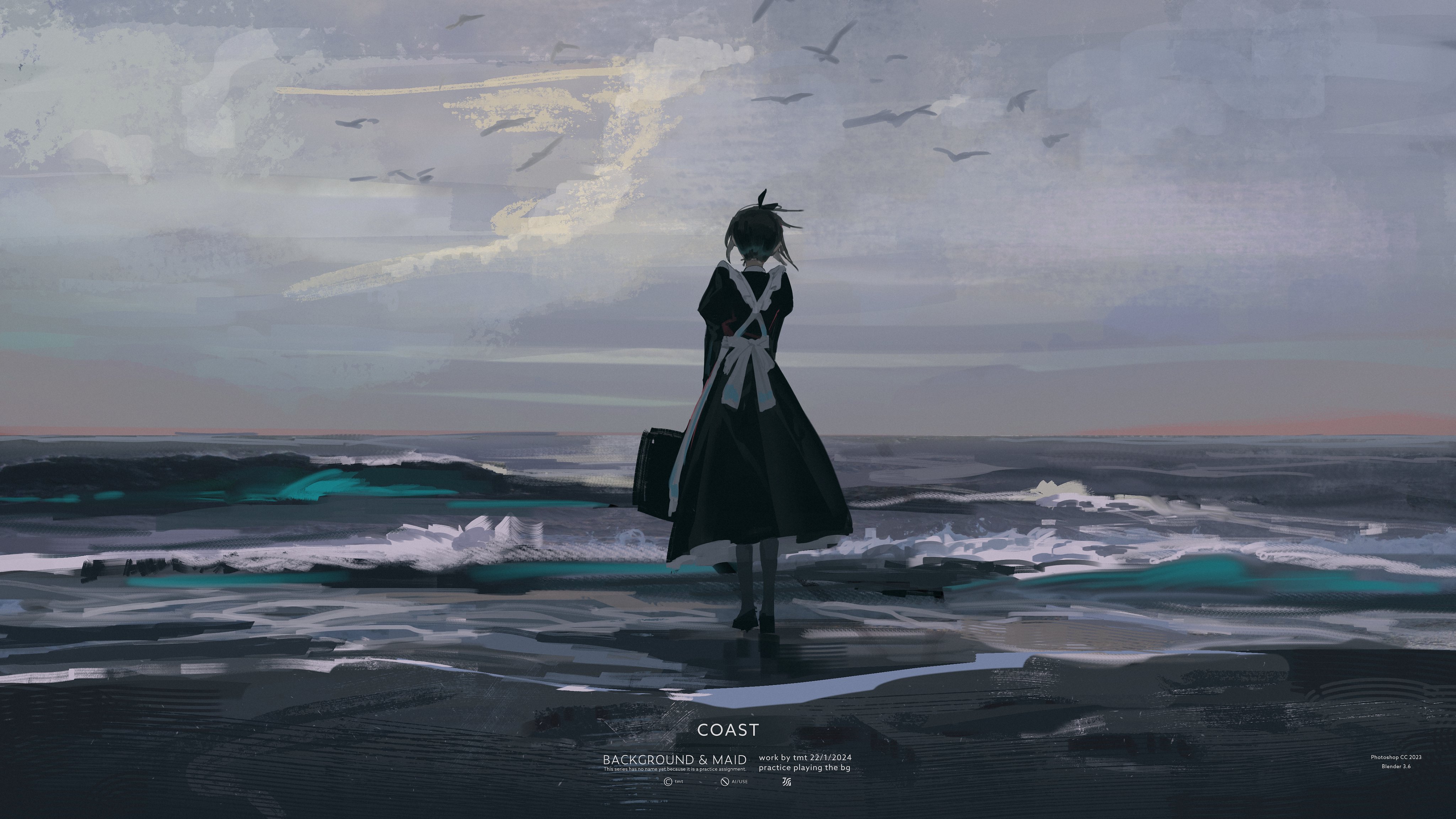 General 4096x2304 tmt coast sea maid outfit maid horizon birds clouds digital art artwork watermarked
