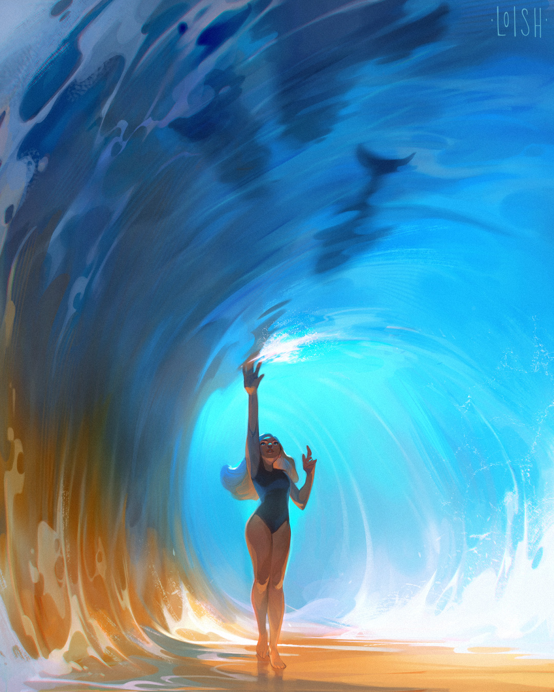 Anime 1080x1350 Loish one-piece swimsuit portrait display long hair looking up one arm up depth of field standing barefoot backlighting tunnel black swimsuit swimwear legs together fish shark waves