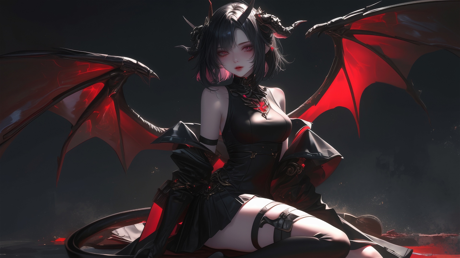 Anime 1920x1080 red black bangs black hair wings thigh garter thigh-highs red eyes demon horns AI art