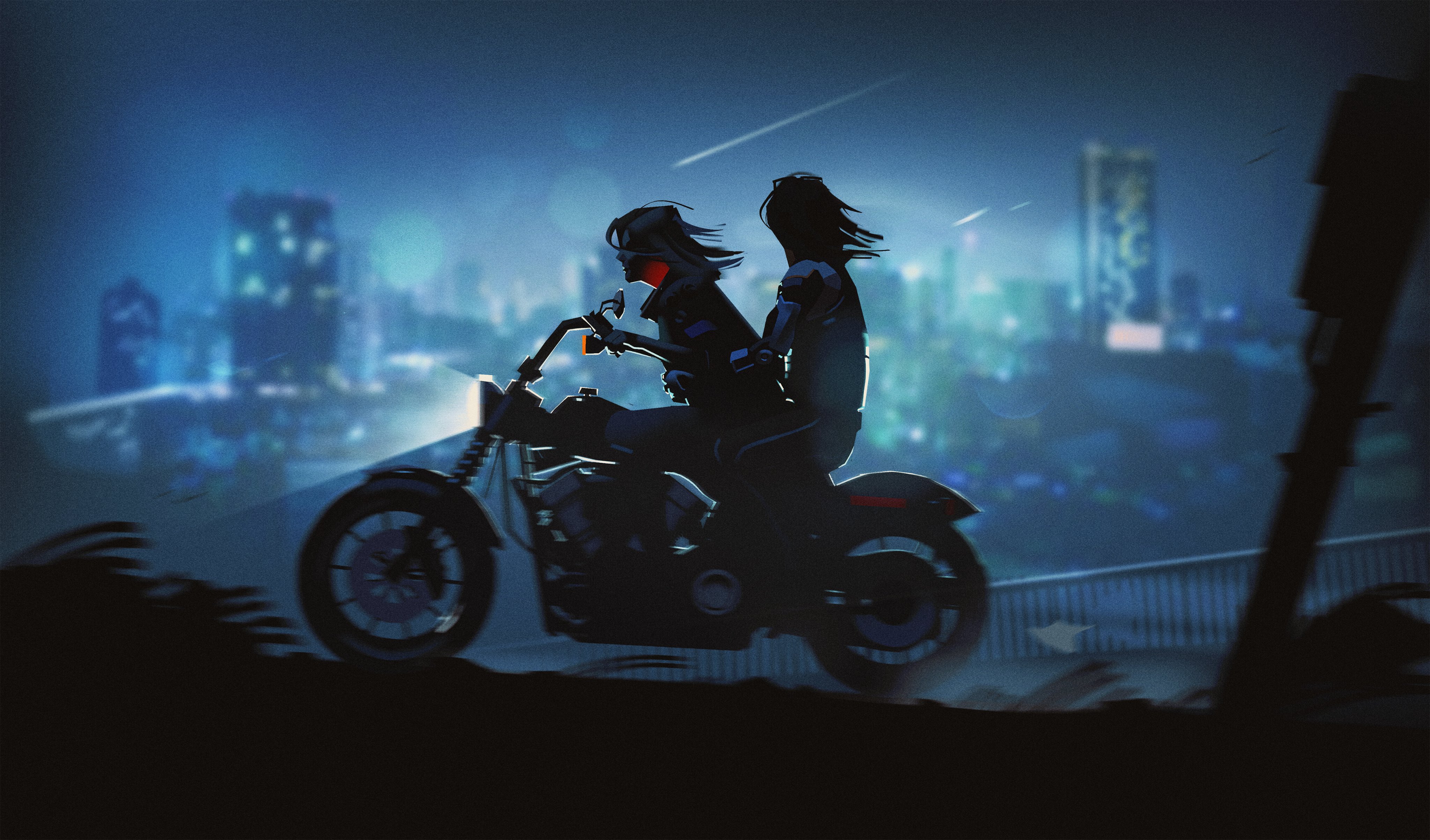 General 4096x2406 Poisonpink digital art artwork illustration digital painting night nightscape couple motorcycle city blurry background