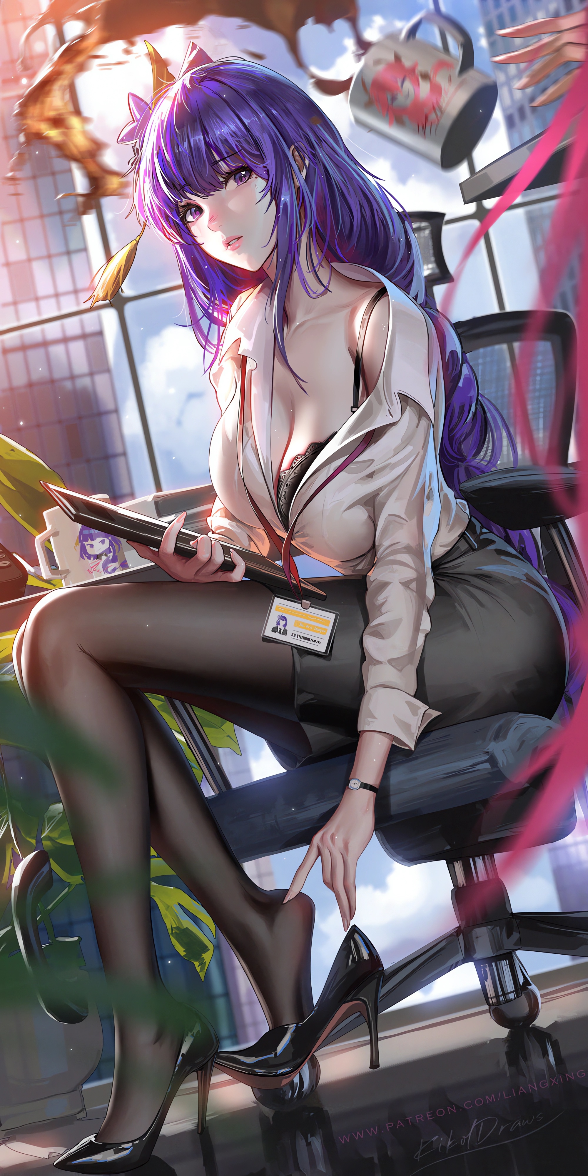 Anime 2000x4000 Jason Liang drawing anime girls purple hair open clothes undressing Raiden Shogun (Genshin Impact) Genshin Impact sitting depth of field long hair purple eyes pantyhose open shirt cleavage bra big boobs heels leaves cup drink coffee looking at viewer portrait display clouds watch falling moles mole under eye parted lips watermarked signature