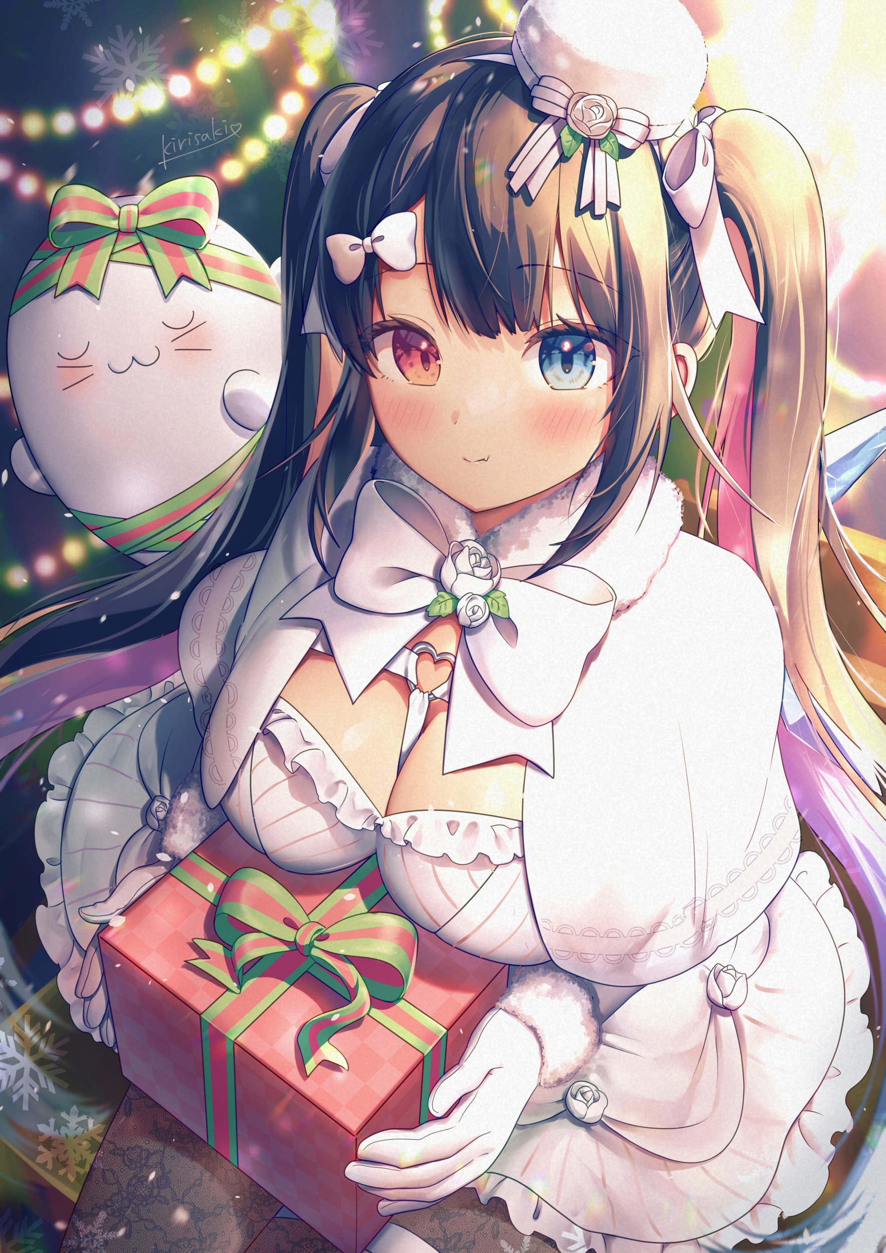 Anime 1768x2500 anime anime girls portrait display heterochromia Christmas presents Christmas tree Christmas blushing twintails big boobs bow tie gloves long hair cleavage hat two eye colors white clothing