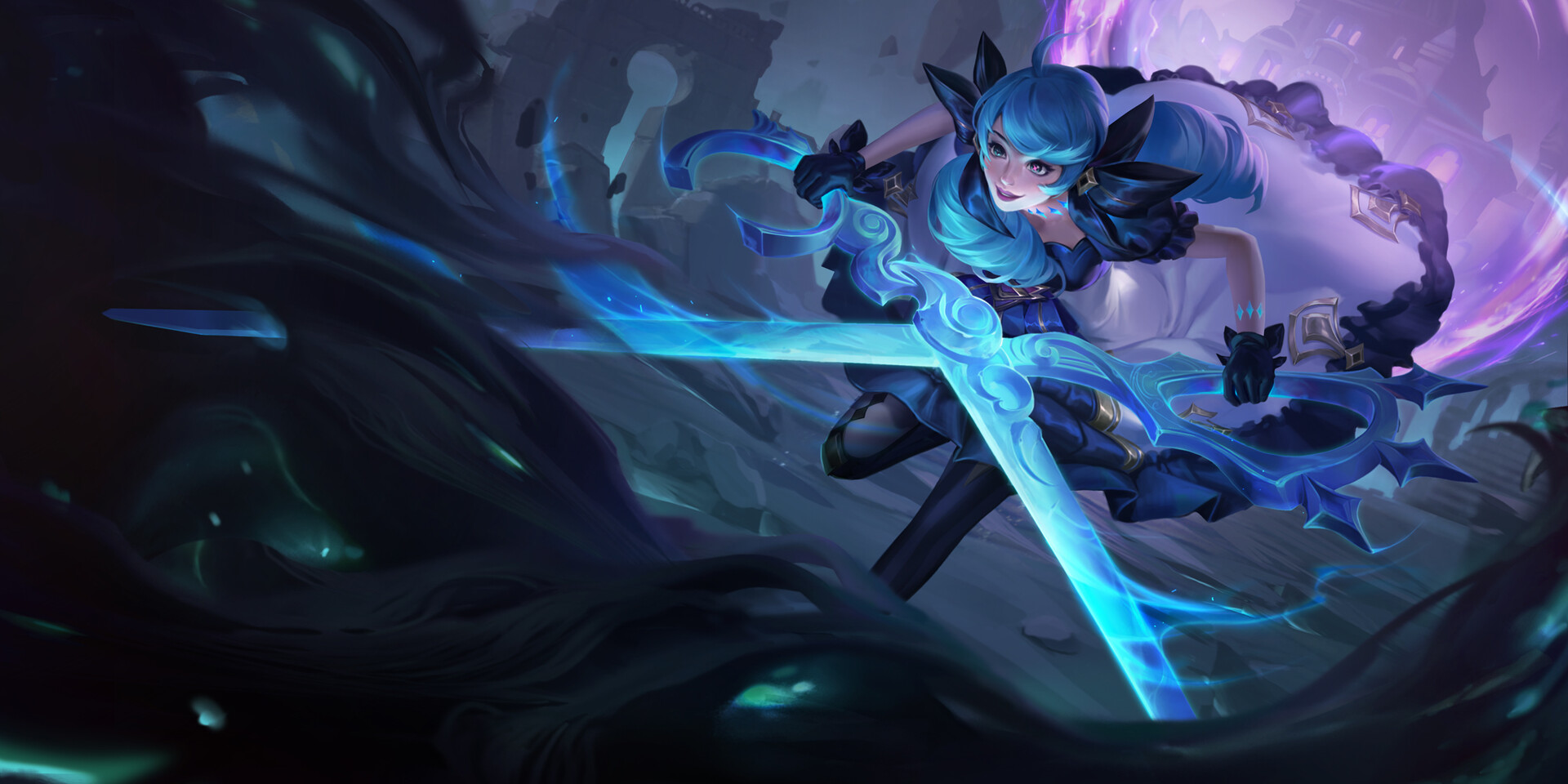 General 1920x960 Lasso women blue hair scissors League of Legends video games drawing video game art gloves heterochromia smiling video game characters fighting