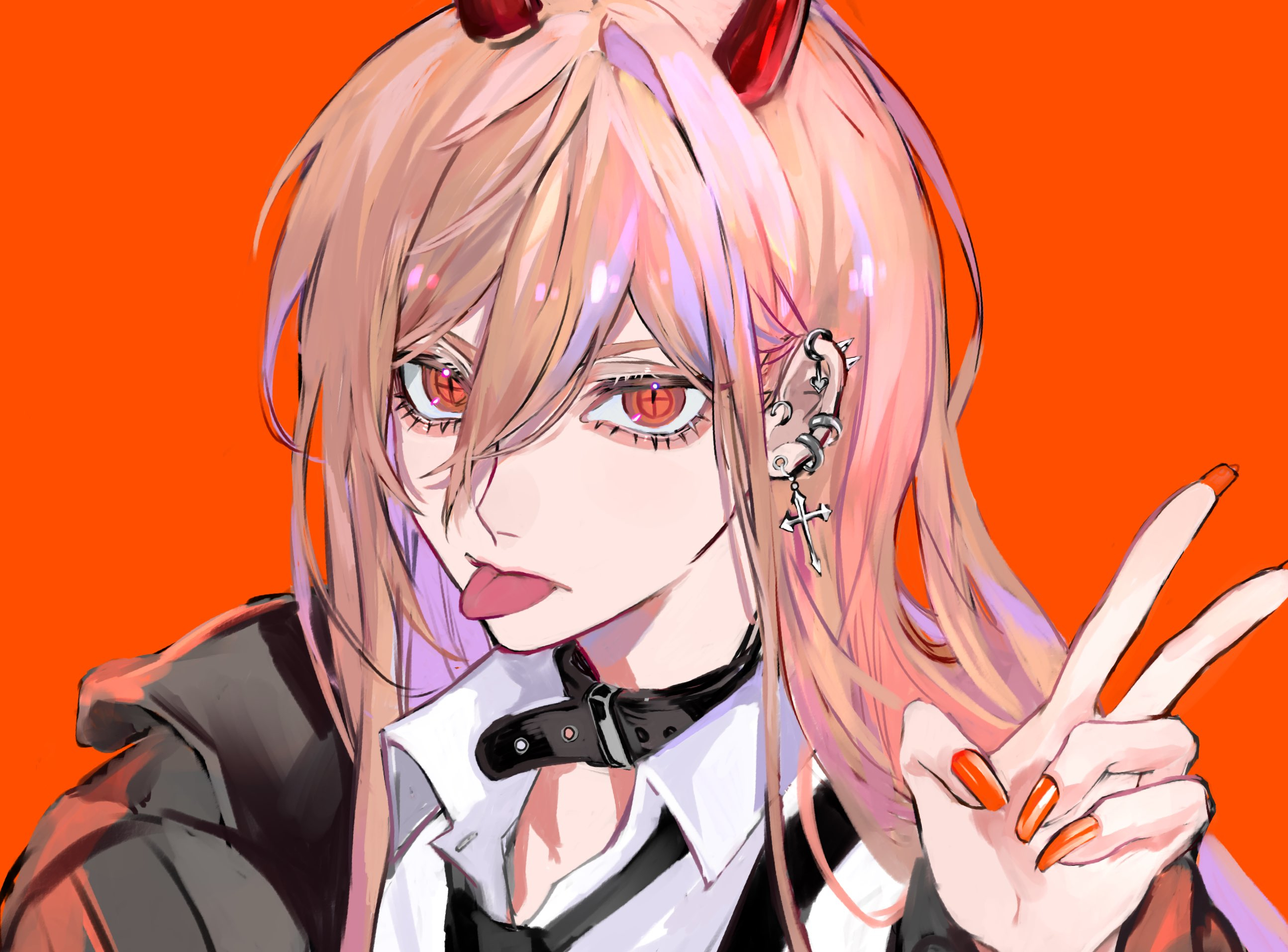 Anime 2589x1913 Chainsaw Man Power (Chainsaw Man) tongue out red eyes peace sign choker anime girls earring cross