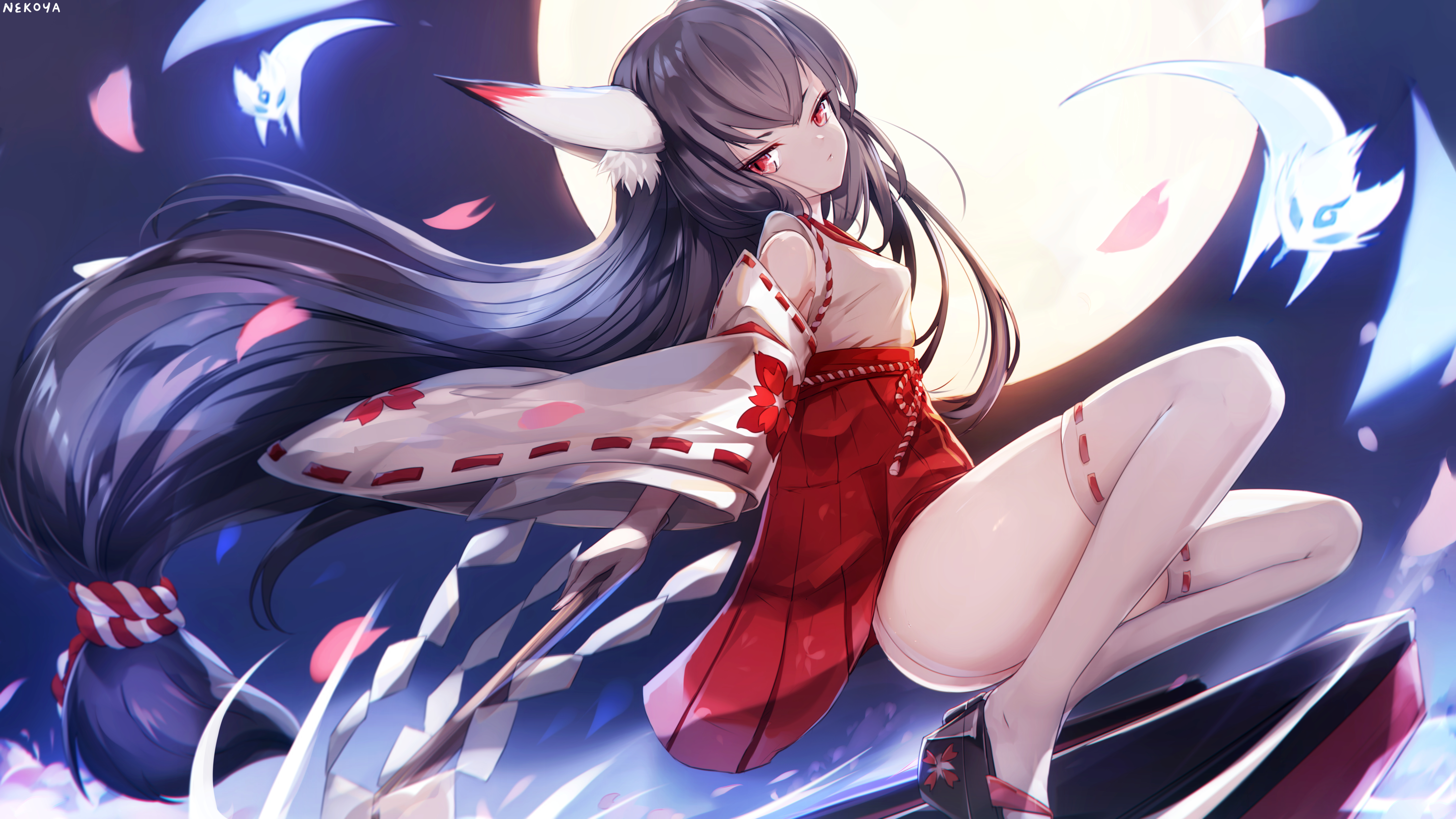 Anime 5760x3240 anime girls petals fox girl fox ears Moon stockings bare bottom miko Nekoyaliu artwork