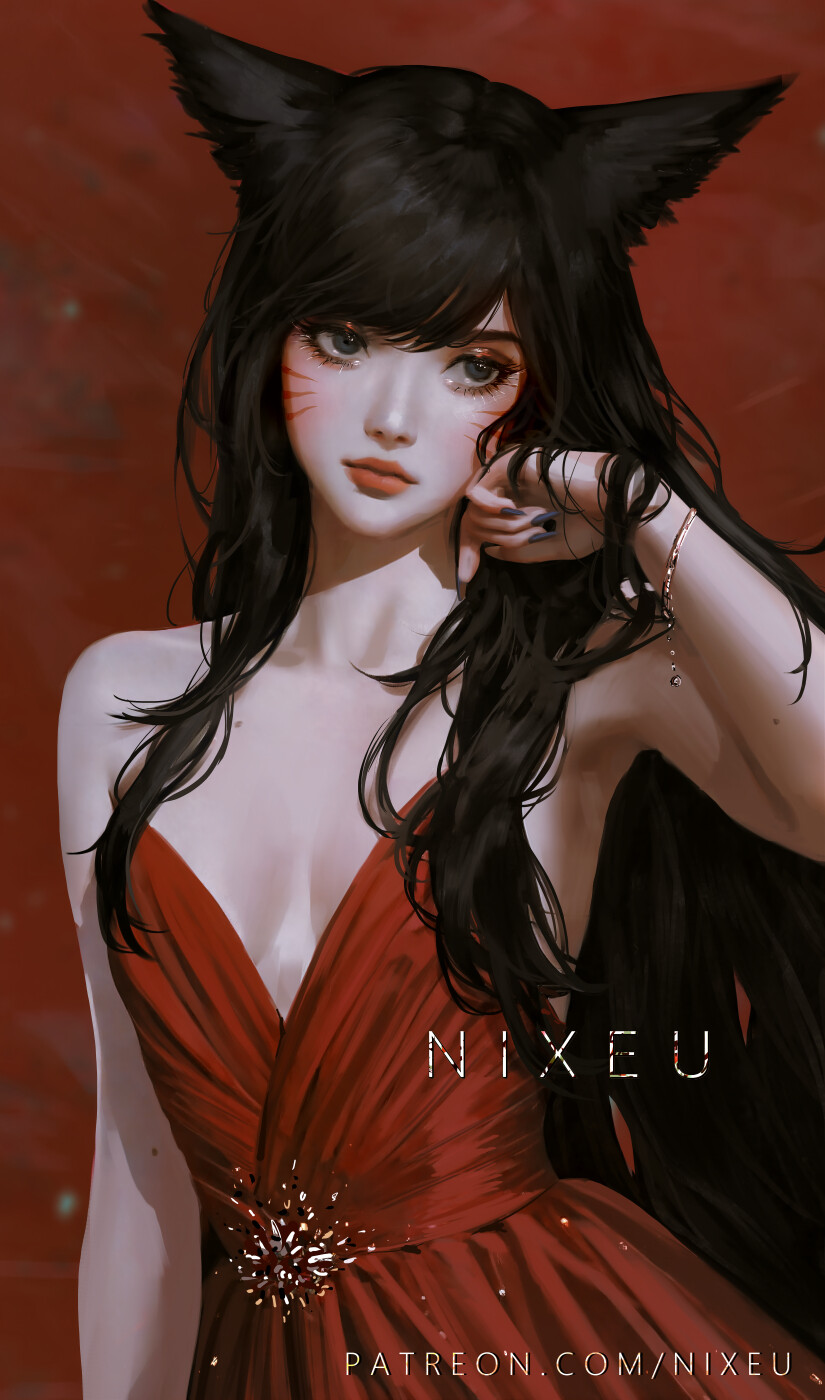 General 825x1400 women Nixeu red dress black hair animal ears dress Ahri (League of Legends) face paint hand(s) in hair drawing portrait display red red clothing watermarked signature