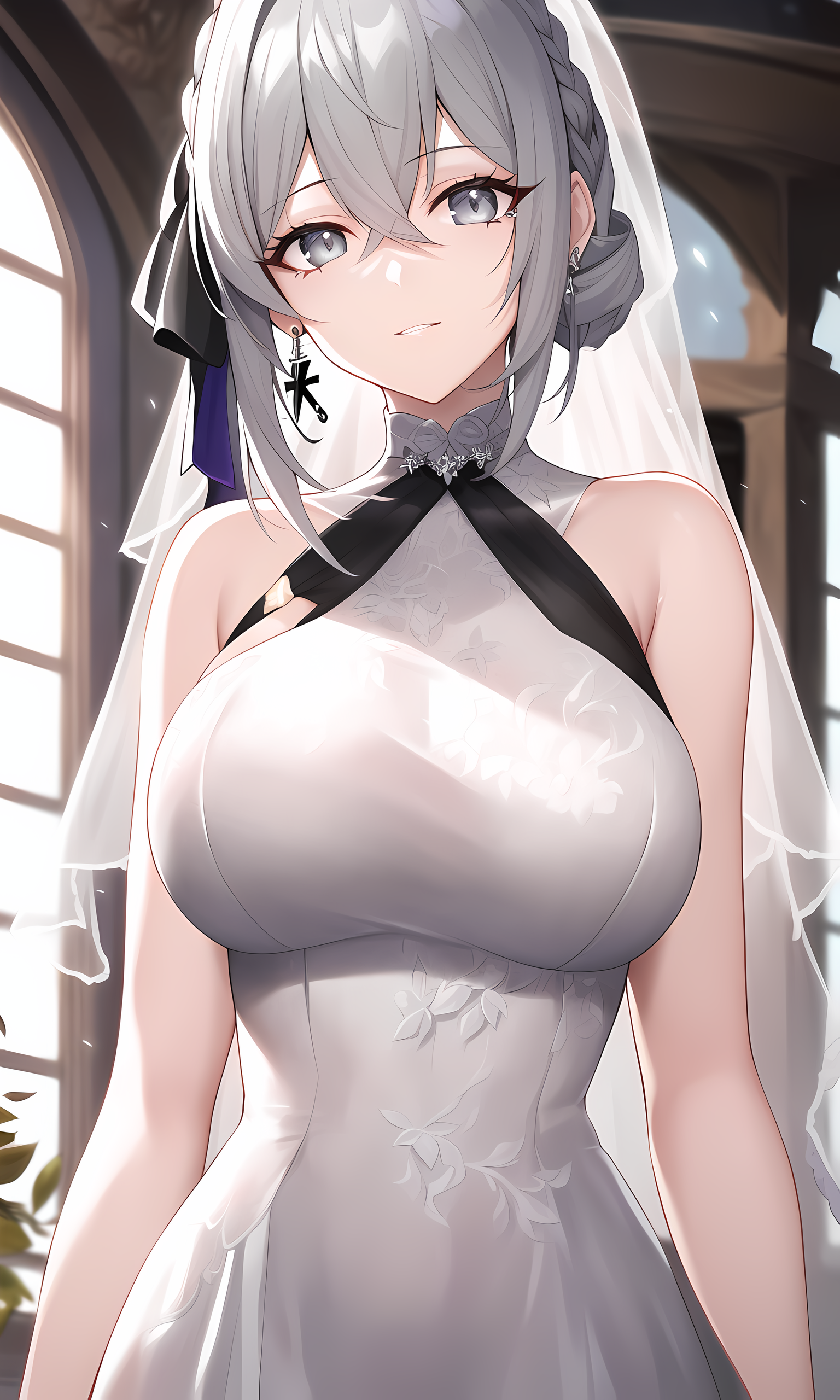 Anime 1536x2560 anime anime girls AI art wedding dress wedding attire veils white dress portrait display big boobs gray eyes