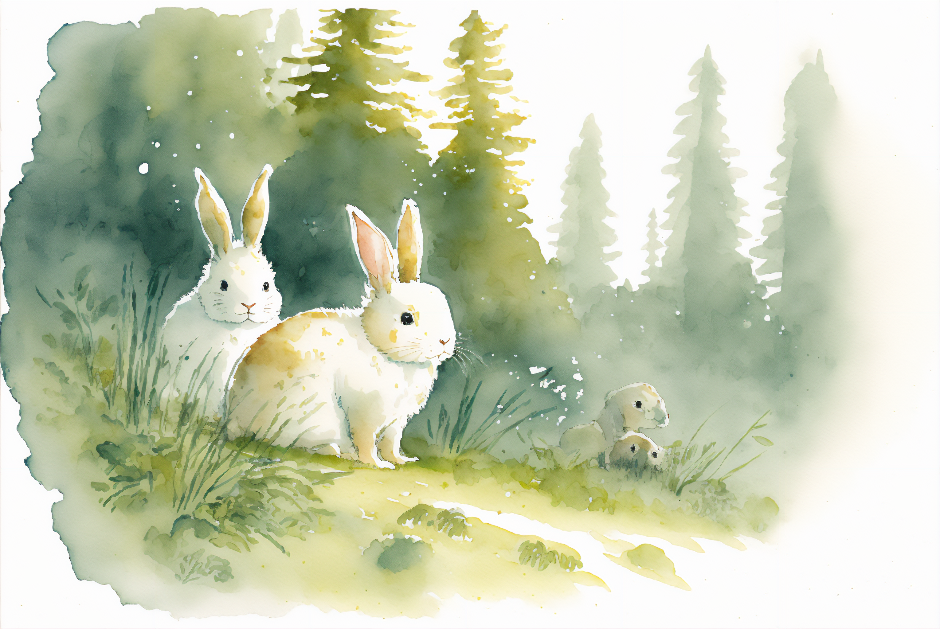 General 3060x2048 AI art rabbits watercolor animals trees grass nature