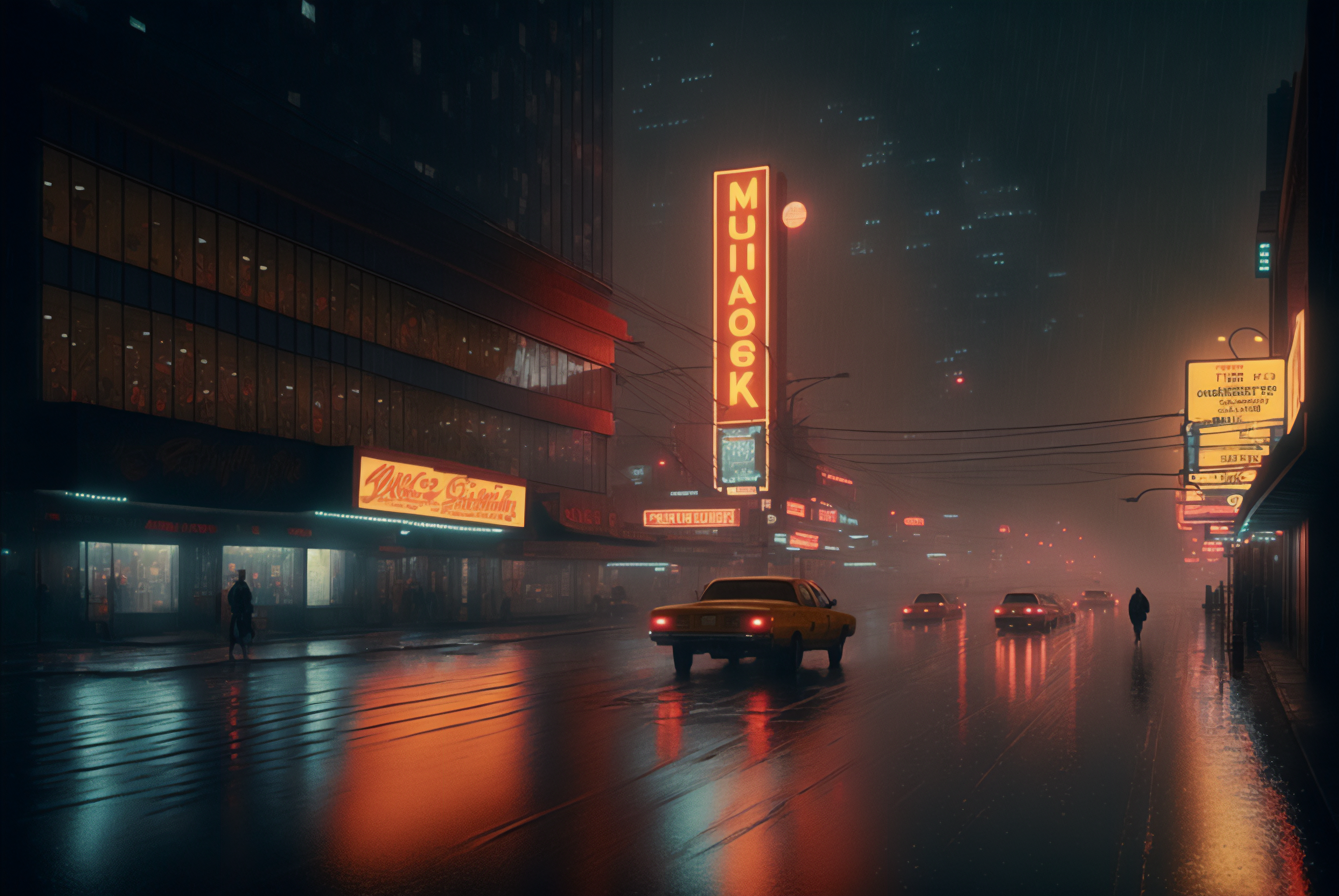 General 3060x2048 AI art Blade Runner cyberpunk noir city street rain neon detectives city lights taillights