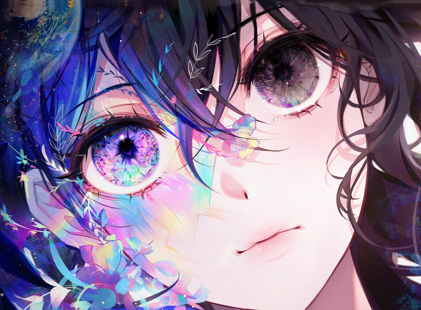 Anime 1467x1080 anime girls colorful heterochromia flowers frontal view face eyes