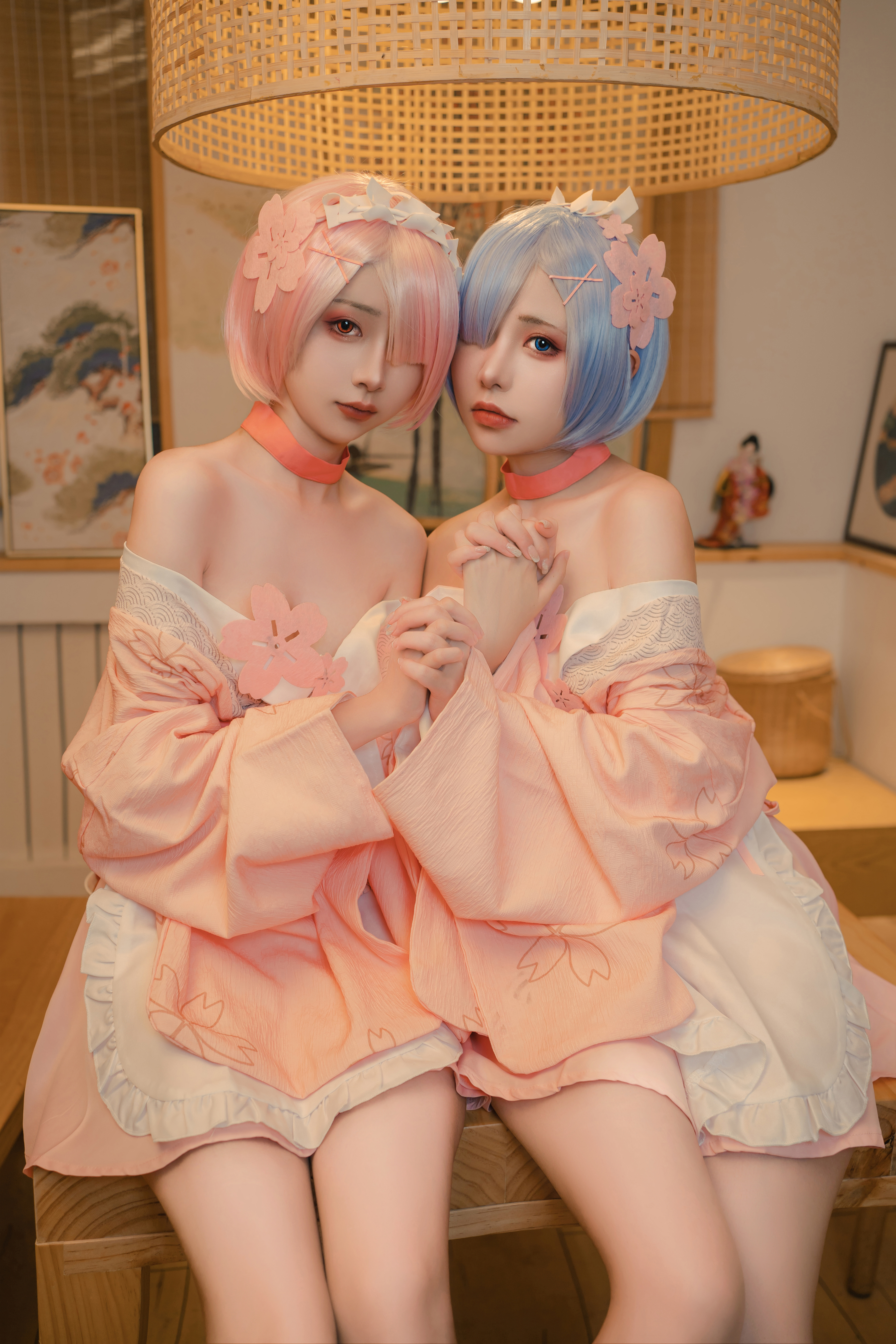 People 4000x6000 two women pink hair blue hair anime girls Rem (Re:Zero) Ram (Re: Zero) Re:Zero Kara Hajimeru Isekai Seikatsu Neko Koyoshi asian cosplayer short hair kimono Asian women cosplay