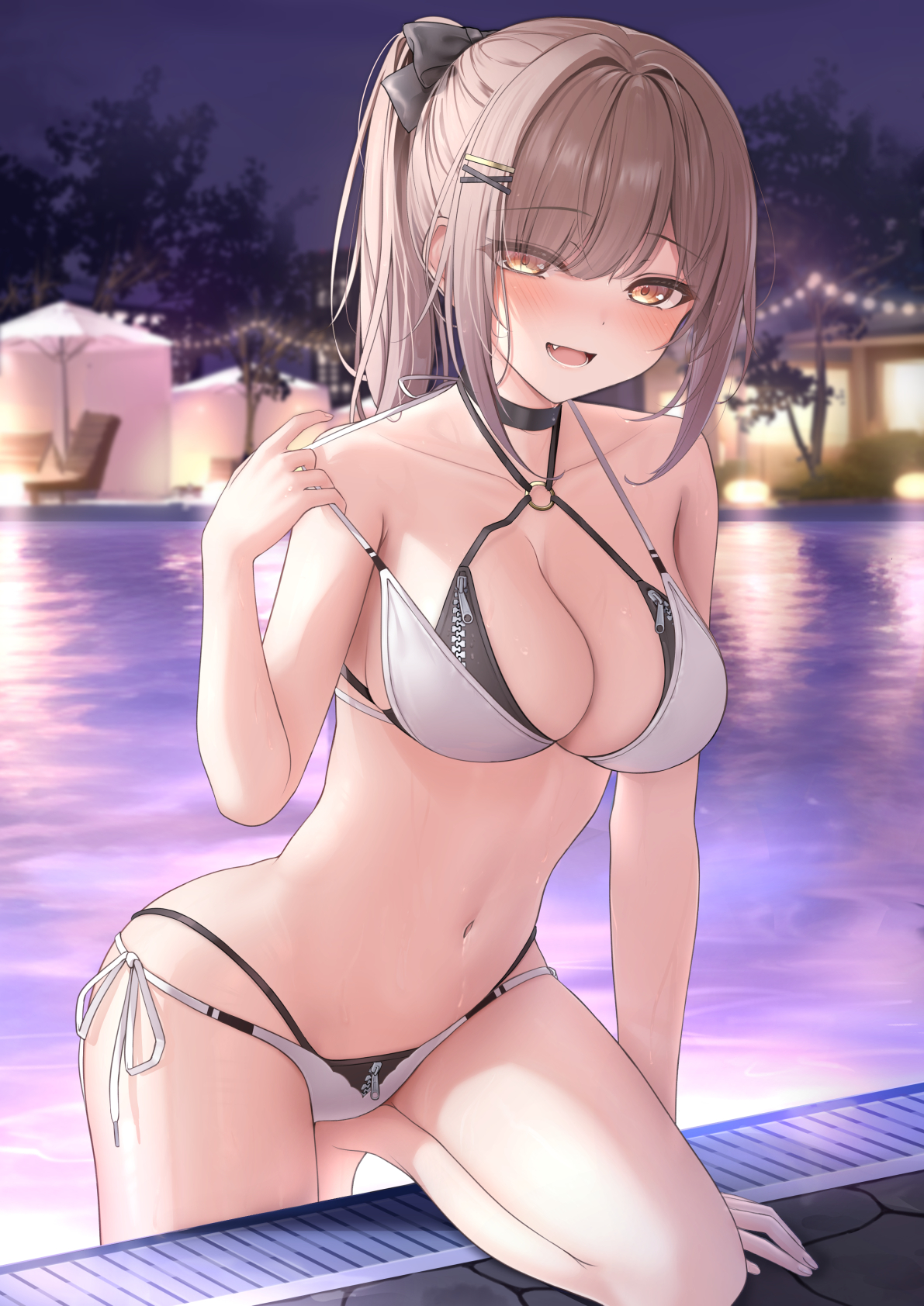 Anime 1191x1684 anime anime girls bikini water cleavage blushing choker ponytail big boobs portrait display Karu pulling clothing
