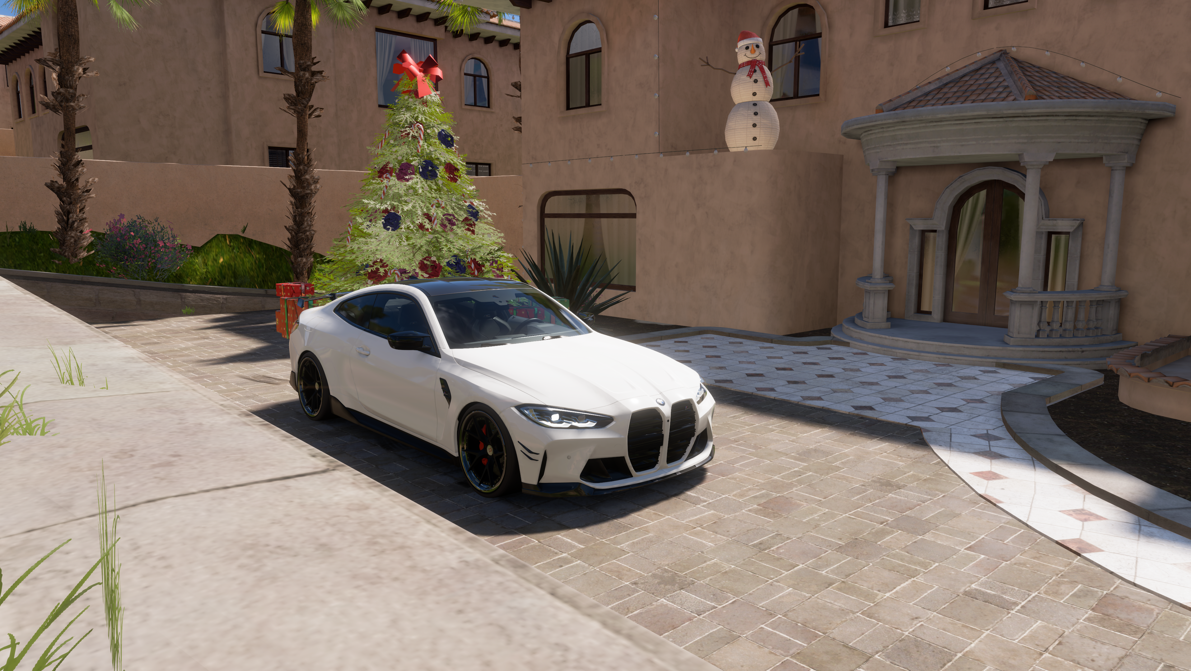 Anime 3828x2159 BMW BMW M4 Forza Horizon 5 screen shot car CGI Christmas tree snowman Christmas presents video games