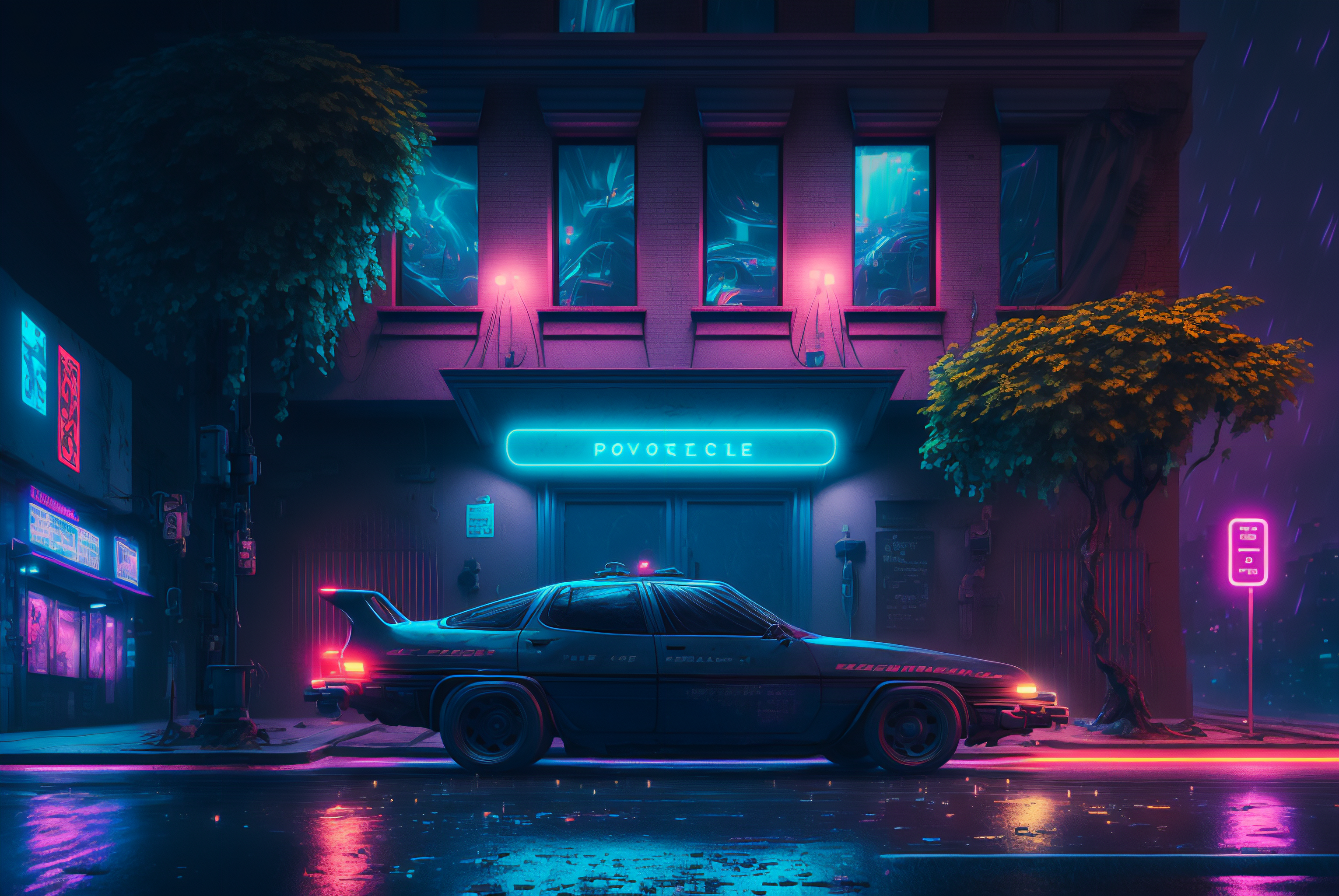 General 3060x2048 city cyberpunk synthwave car trees taillights headlights julfikar AI art