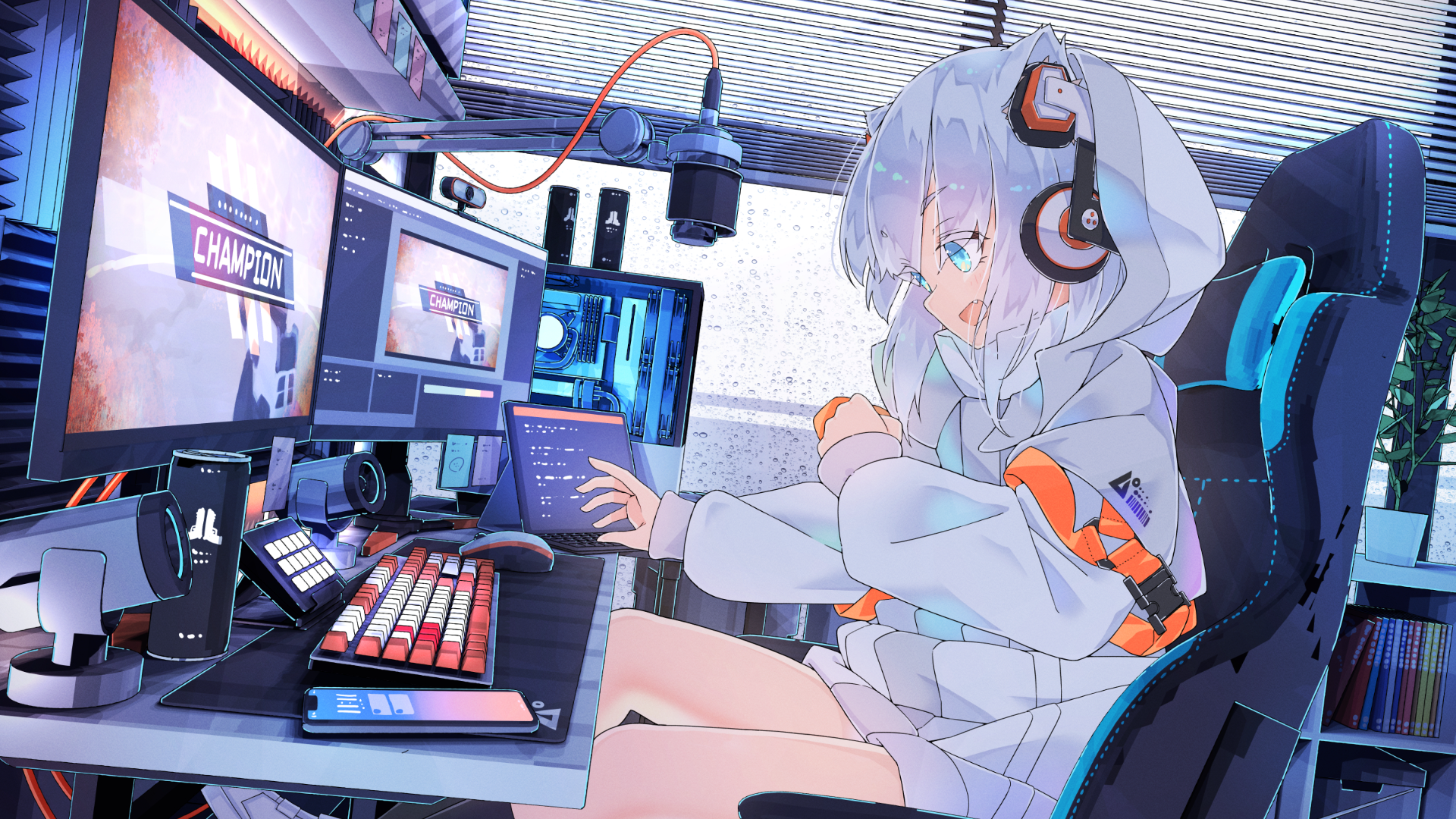 Anime 1920x1080 headsets playing PC gaming computer