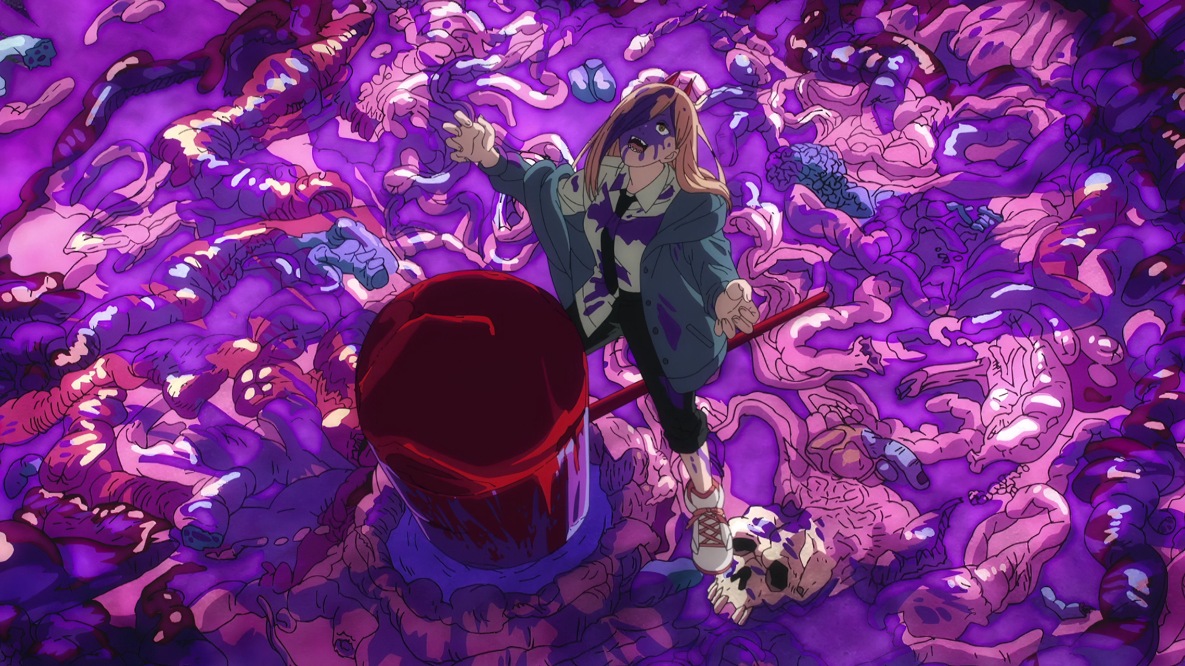 Anime 3840x2160 anime Chainsaw Man 4K Anime screenshot Power (Chainsaw Man) anime girls blood hammer skull hair over one eye
