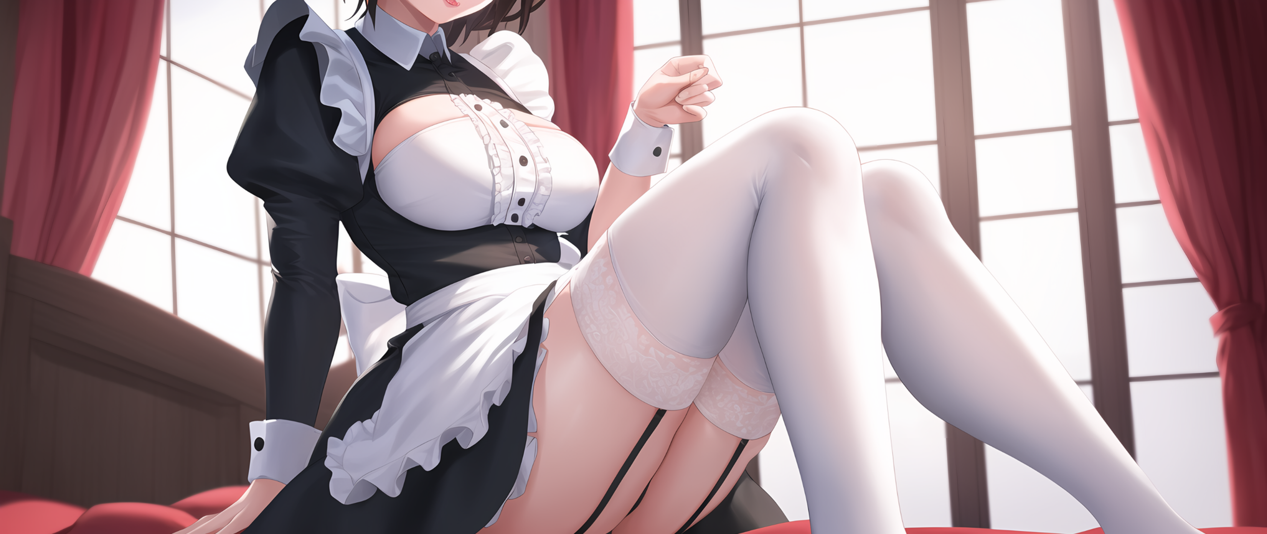 Anime 2560x1080 window frames maid AI art stockings anime girls indoors women indoors maid outfit garter straps eyes hidden bent legs wrist cuffs thighs in bed bed digital art sitting window white stockings legs frills curtains