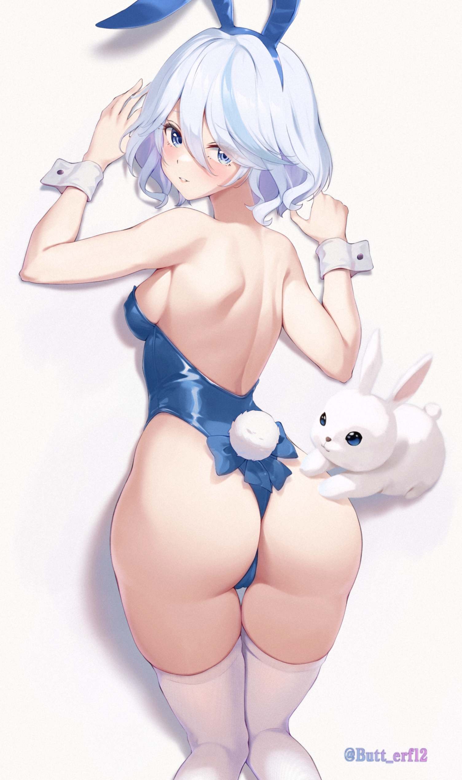 Anime 1504x2540 Genshin Impact blue eyes portrait display rabbits Furina (Genshin Impact) strapless leotard leotard blue leotard bunny suit bunny girl looking back looking at viewer thighs bunny ears short hair heterochromia rear view simple background tail white background ass animal ears wrist cuffs blushing parted lips small boobs bareback bare shoulders smiling sideboob watermarked stockings white stockings Butt erf1y bunny tail white hair top view hair between eyes anime anime girls backless