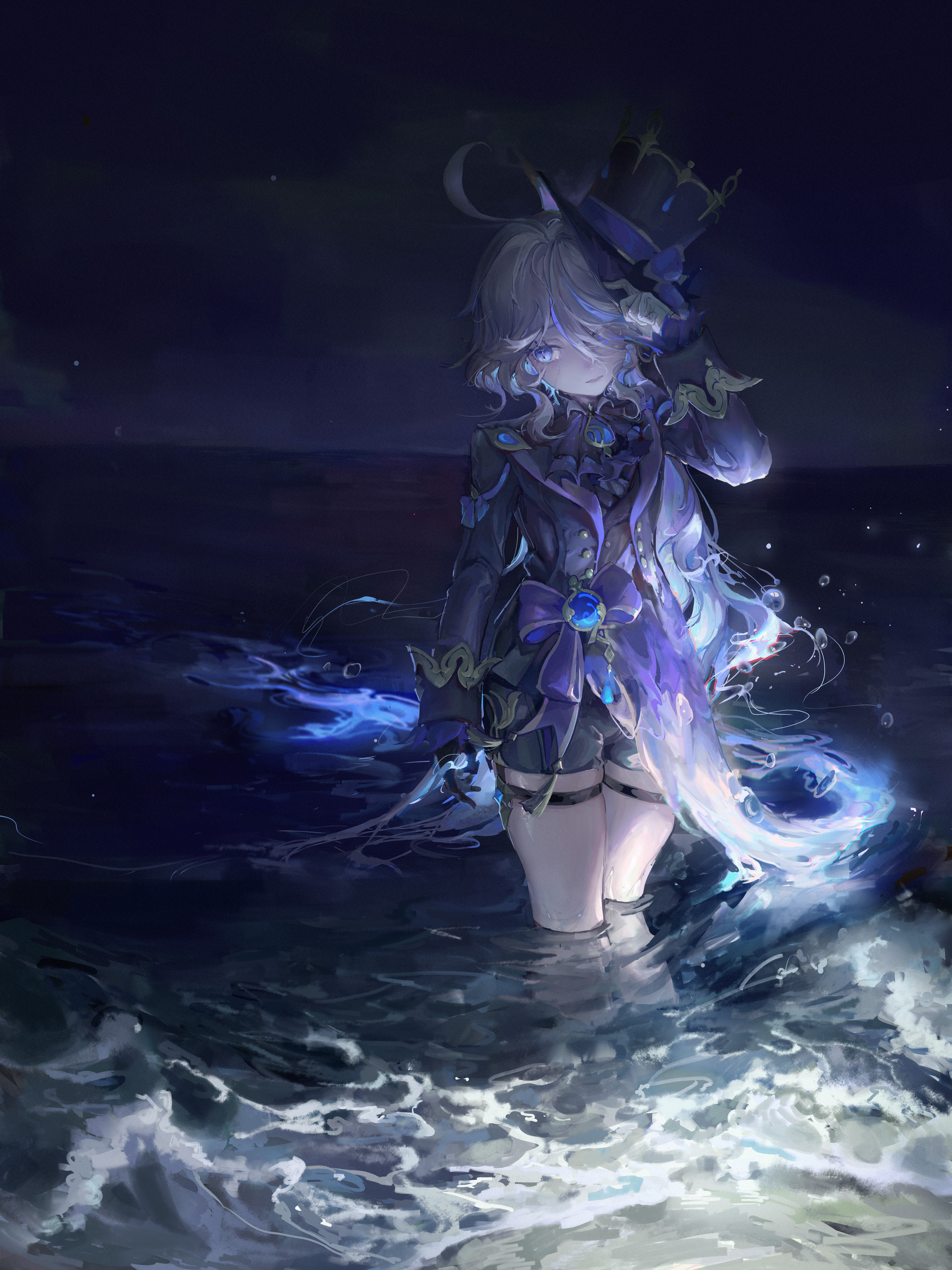 Anime 6000x8001 anime anime girls Furina (Genshin Impact) Genshin Impact ascot portrait display hat mismatched gloves water hair over one eye waves looking at viewer standing gemstones closed eyes long sleeves thigh strap looking sideways night gloves blue eyes blue hair standing in water