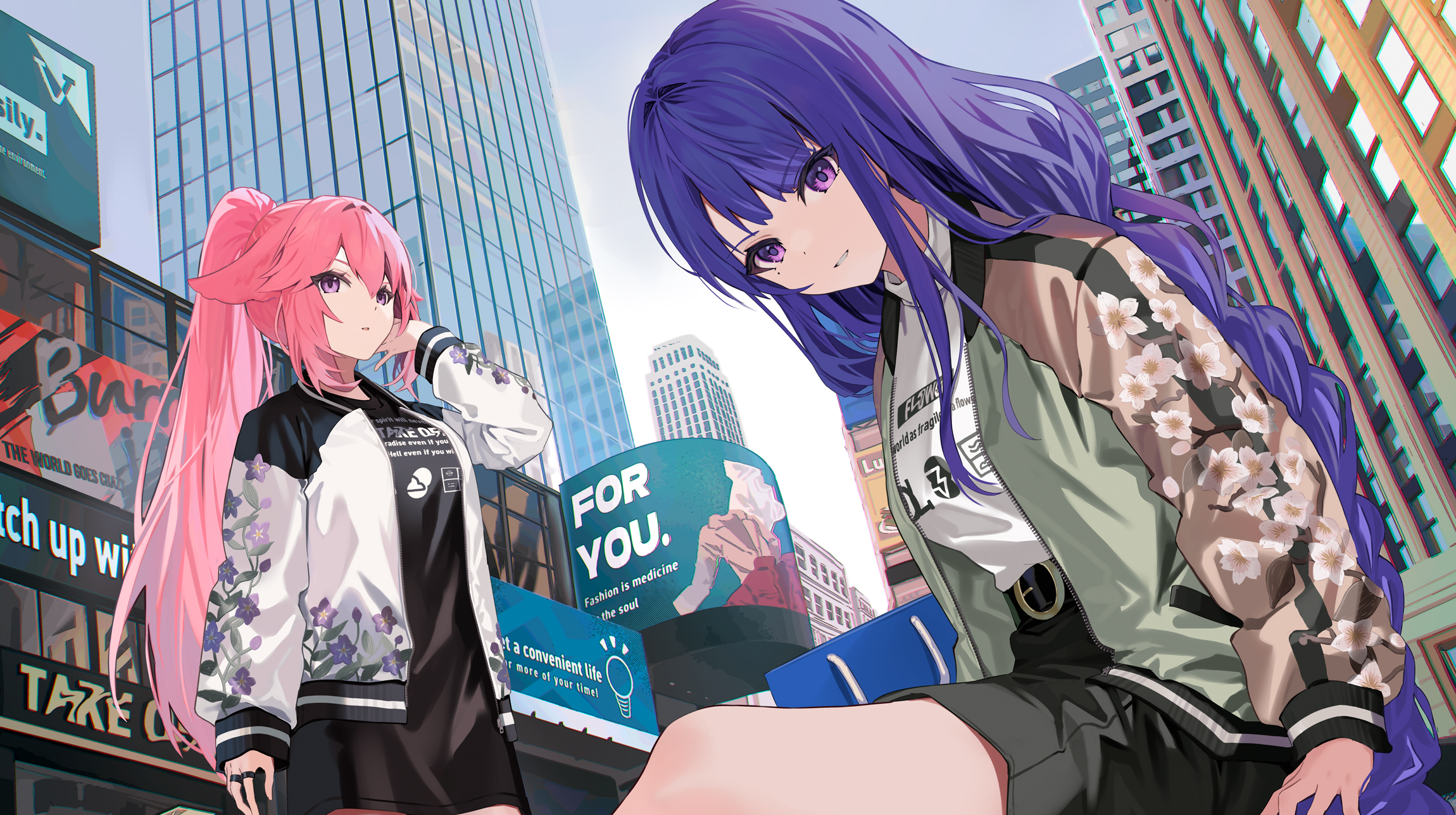 Anime 2300x1288 anime anime girls Yae Miko (Genshin Impact) Raiden Shogun (Genshin Impact) Mo Kan Genshin Impact looking at viewer jacket city building purse outdoors women outdoors purple hair pink hair purple eyes mole under eye parted lips sunlight moles sitting rings ponytail long hair open jacket standing