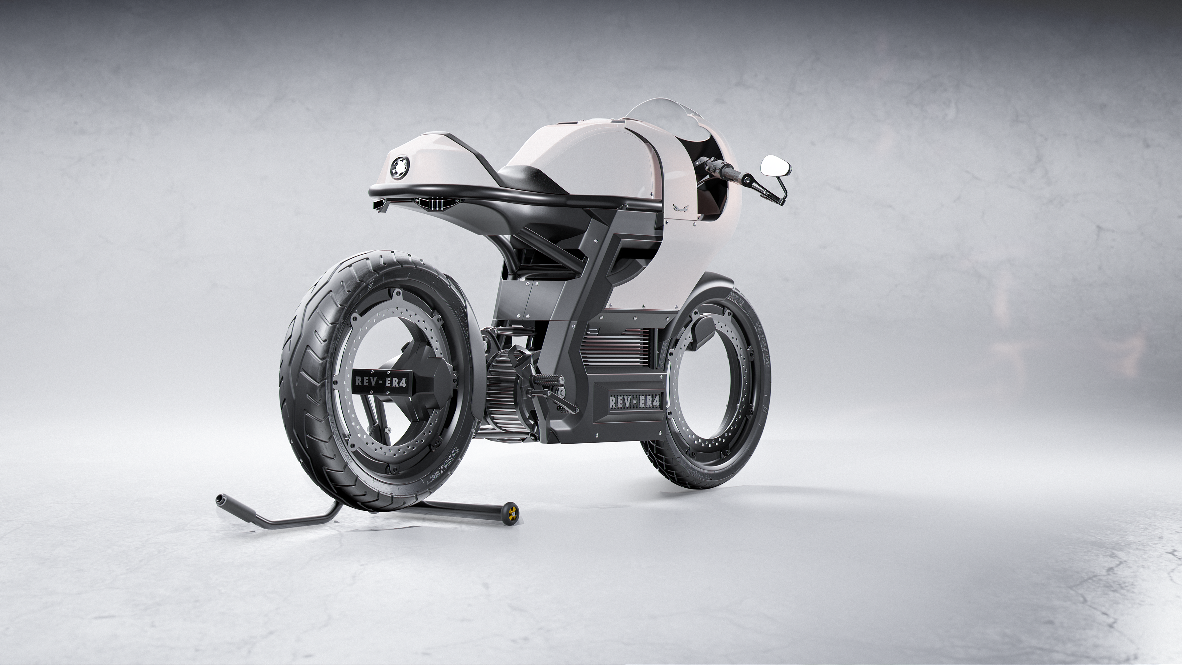 General 3840x2160 Cafe Racer motorcycle concept cars futuristic Shafeek Akil Cybartian REVer4 Speed Design retro style photography CGI simple background digital art rear view minimalism vehicle