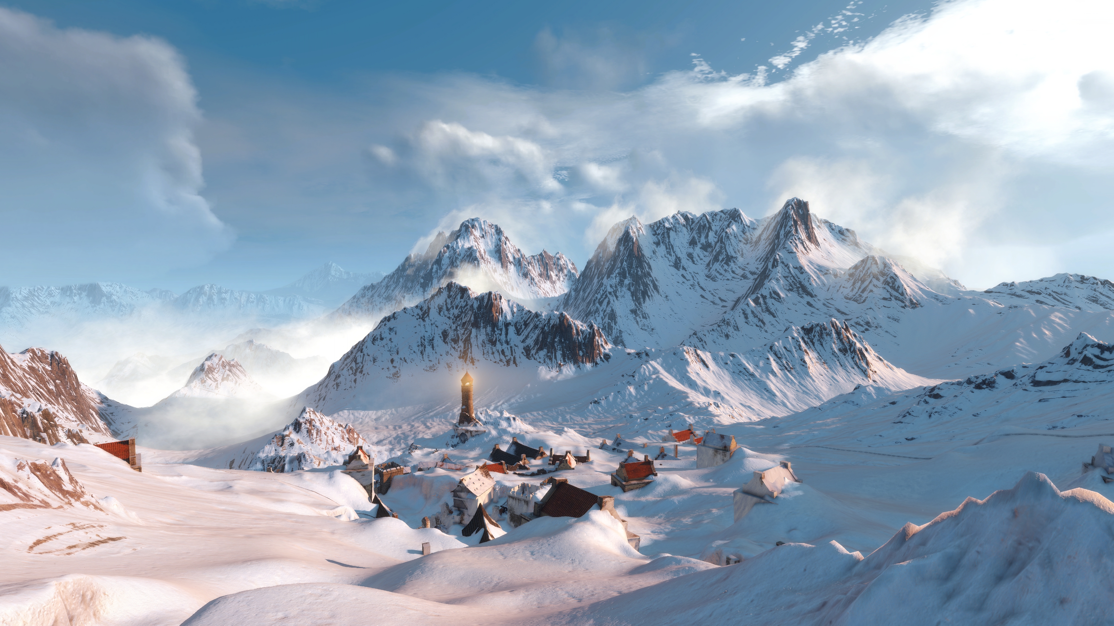 General 3840x2160 mountains snow lighthouse PC gaming video game art screen shot The Witcher 3: Wild Hunt sky clouds CGI video games snowy peak snowy mountain nature landscape snow covered mist