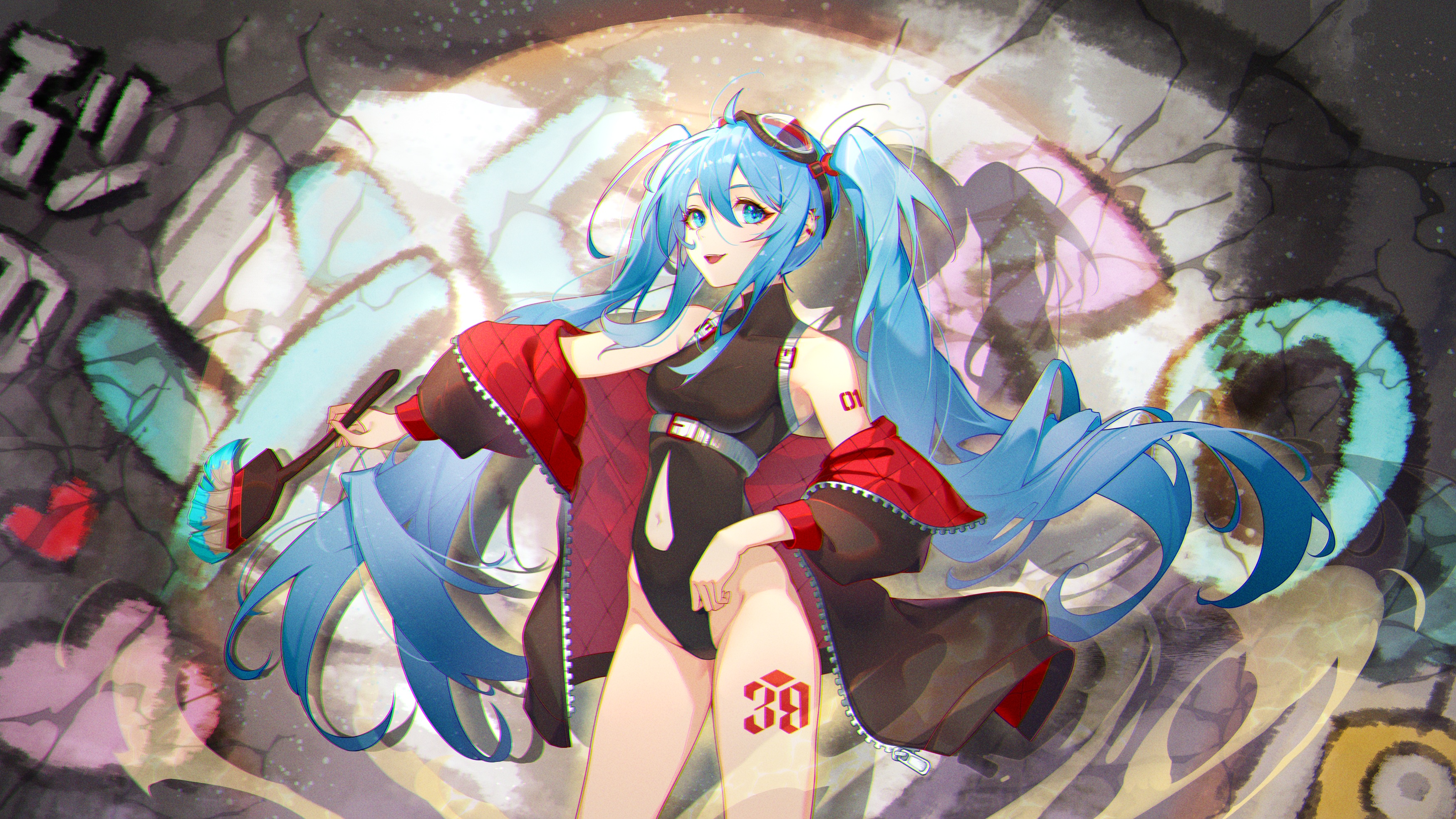 Anime 3500x1969 anime anime girls Hatsune Miku blue hair blue eyes twintails zuiai gongzhu dianxia looking at viewer thighs off shoulder bare shoulders open jacket open clothes jacket belly button hair between eyes goggles graffiti numbers shadow paint brushes spotlights ear piercing parted lips smiling painting heart (design) zipper long hair leotard ahoge unzipped black leotard bright