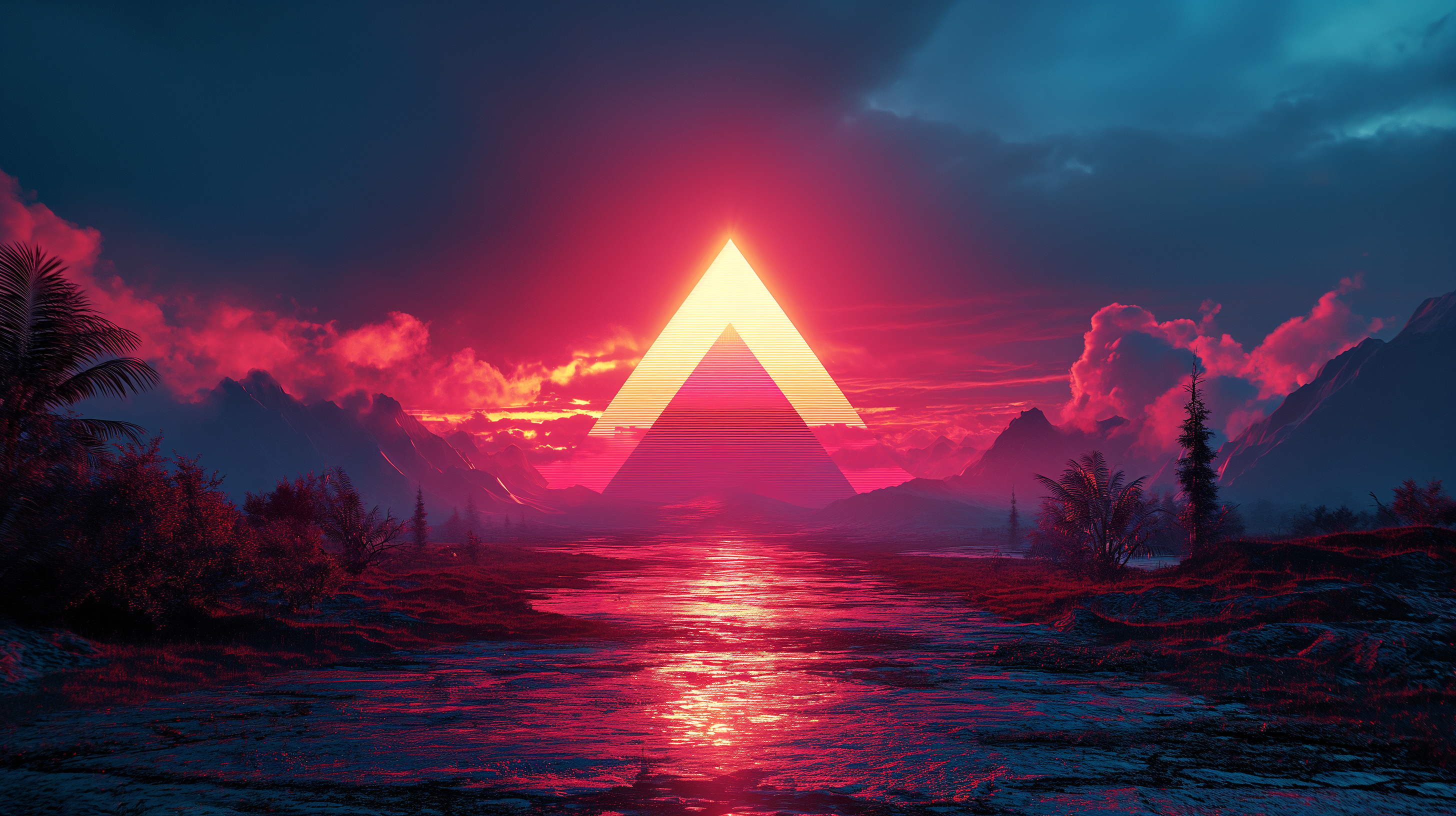 General 2912x1632 AI art digital art pyramid retro style synthwave retrowave neon Midjourney sky glowing clouds mountains trees