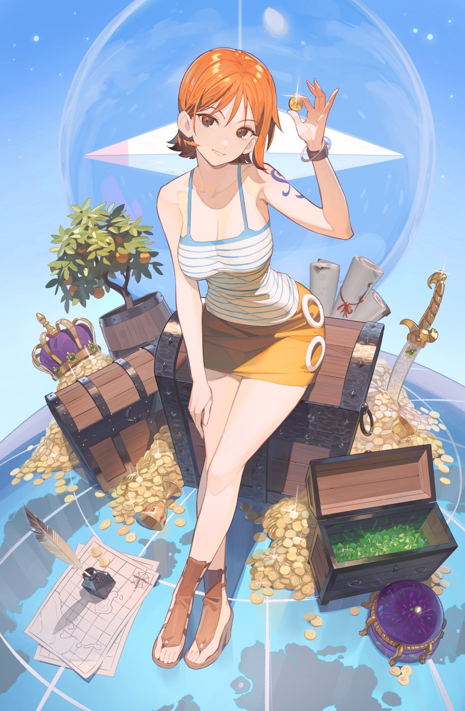 Anime 917x1400 Timbougami anime anime girls One Piece Nami coins globes compass striped shirt map sword tattoo smiling treasure chest short hair huge breasts treasure orange eyes redhead collarbone looking at viewer sitting cleavage bracelets parted lips crown feathers skinny portrait display sparkles hair between eyes legs