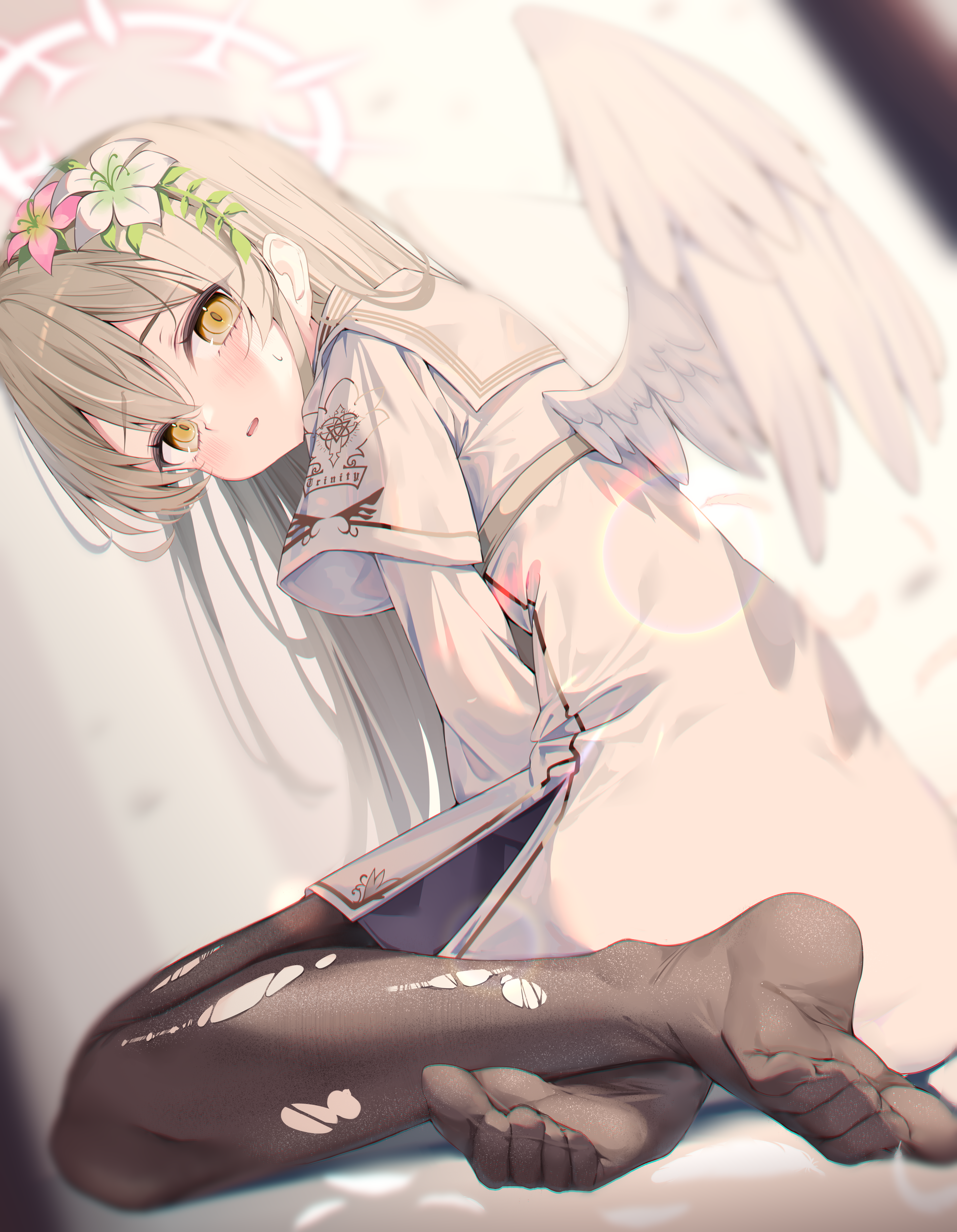 Anime 2894x3725 anime anime girls Blue Archive bent legs Kirifuji Nagisa long hair hair between eyes blonde yellow eyes pantyhose torn pantyhose blushing torn clothes open mouth looking at viewer sweat sweatdrop portrait display foot sole flower in hair wings dress feet black pantyhose toes schoolgirl school uniform