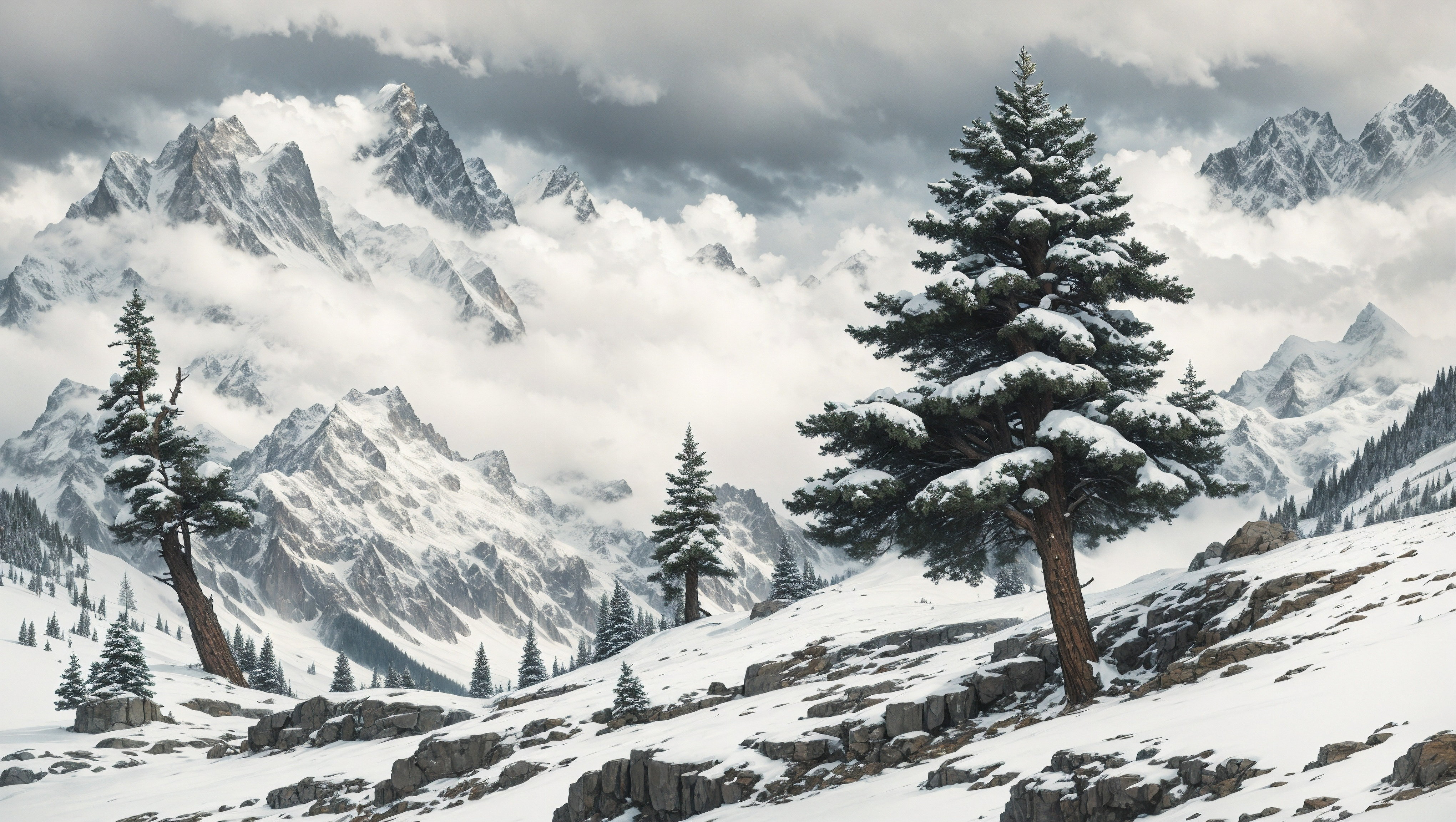 General 4080x2304 AI art digital art digital painting landscape mountains fir-tree trees snow storm nature snow covered outdoors mist sky clouds