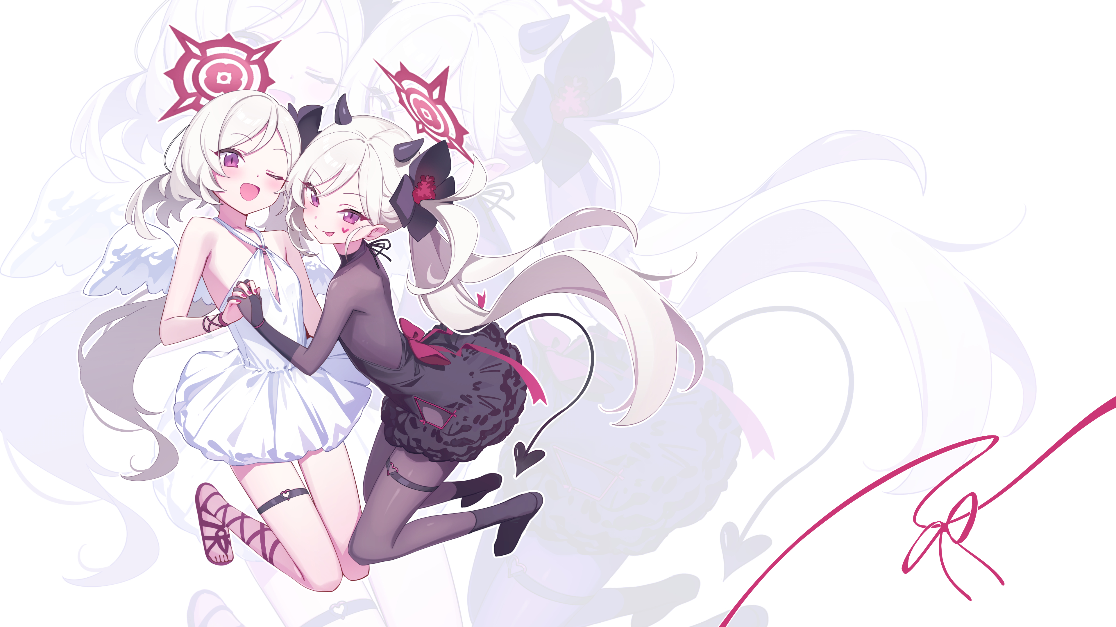 Anime 3840x2160 anime anime girls Deadnooodles long hair looking at viewer blushing Asagi Mutsuki (Blue Archive) Blue Archive open mouth tongue out holding hands bare shoulders demon girls flower in hair demon tail no bra leg ring tail hair between eyes twintails painted nails red nails tongues bent legs wings purple eyes demon horns horns pantyhose