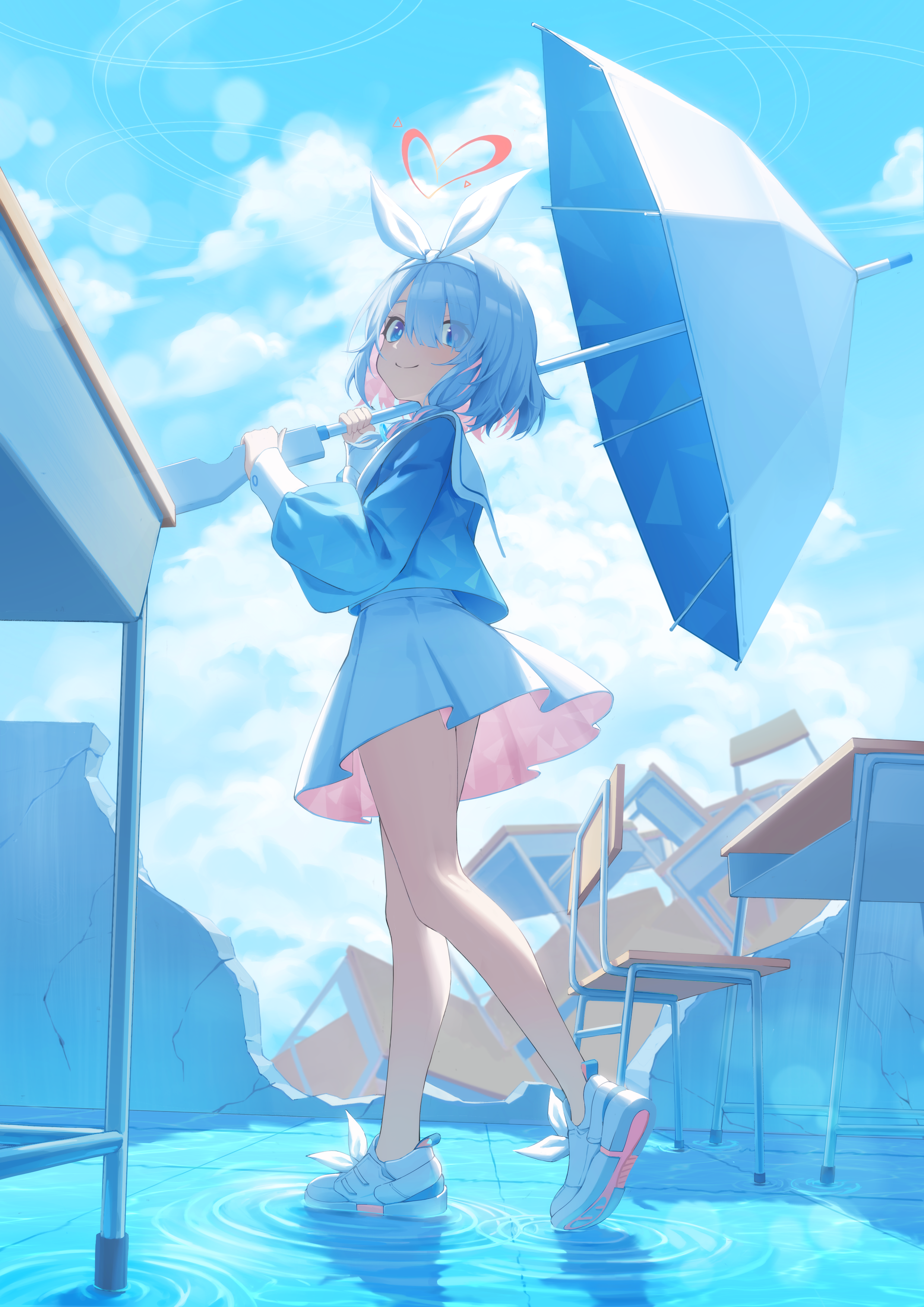 Anime 2480x3508 anime anime girls arona (blue archive) sky Blue Archive closed mouth Gaoqiaoyuyin Takahashi two tone hair short hair schoolgirl school uniform looking at viewer standing water desk chair shoe sole portrait display smiling skirt frills blue eyes hair in face no socks walking hair ornament tiles tile floor sunlight clouds hair between eyes