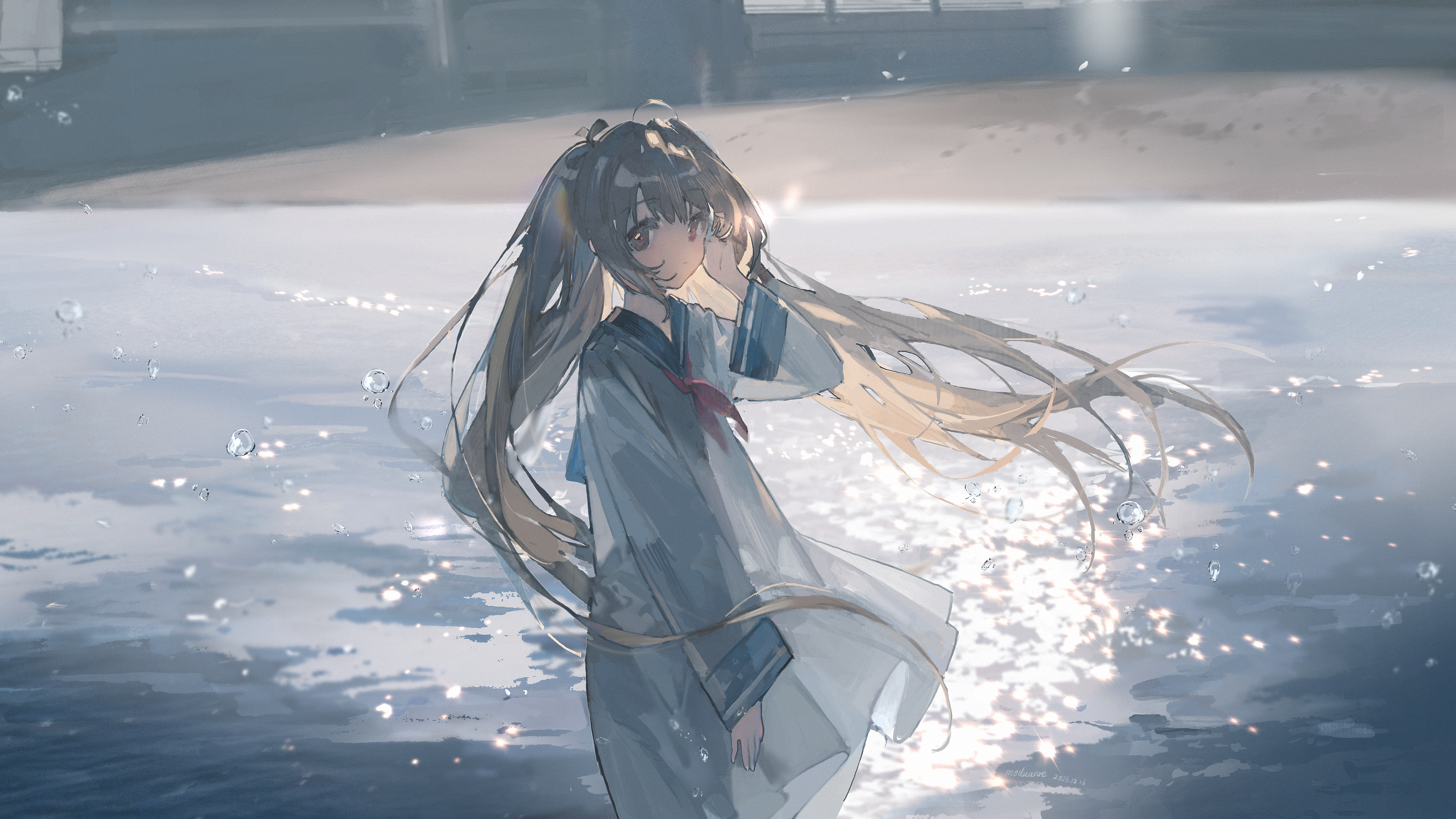 Anime 3840x2160 anime anime girls moduanre long hair looking at viewer twintails closed mouth brunette dress hair between eyes outdoors women outdoors hair blowing in the wind sunlight schoolgirl school uniform wind long sleeves standing water drops
